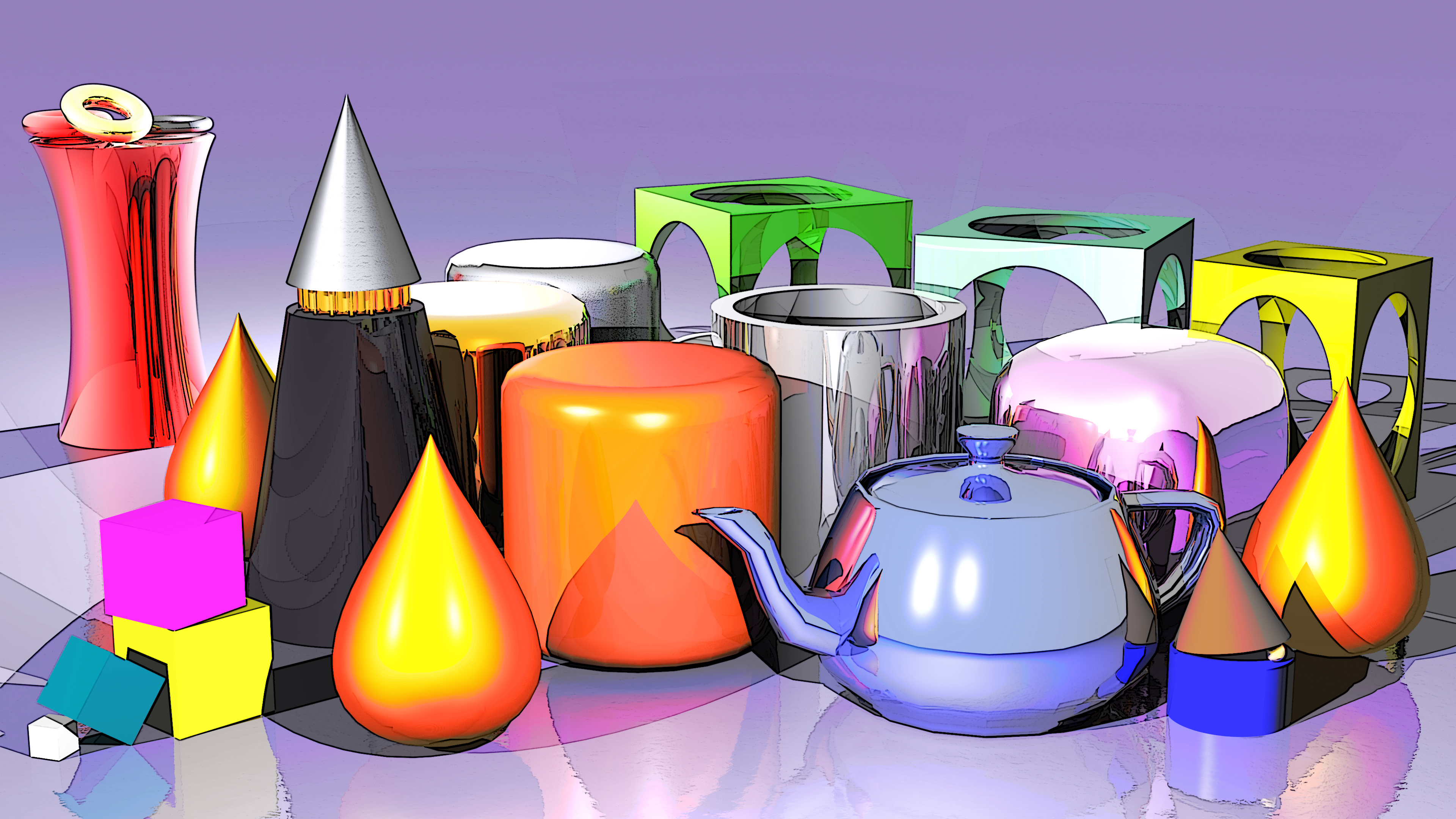 3d, abstract, cube, sphere, teapot