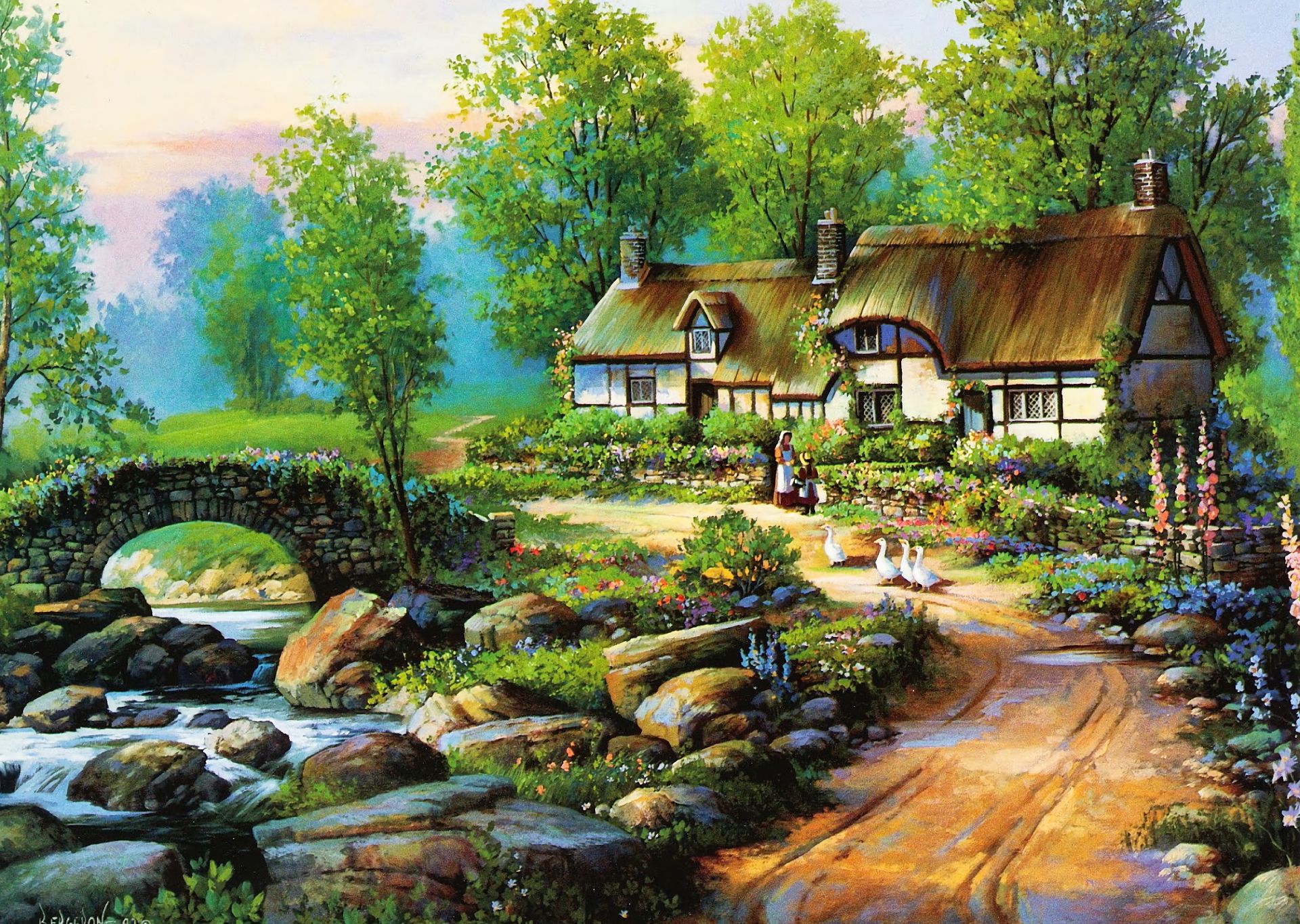 cottage, spring, artistic, painting, bridge, flower, goose, landscape, river, vintage