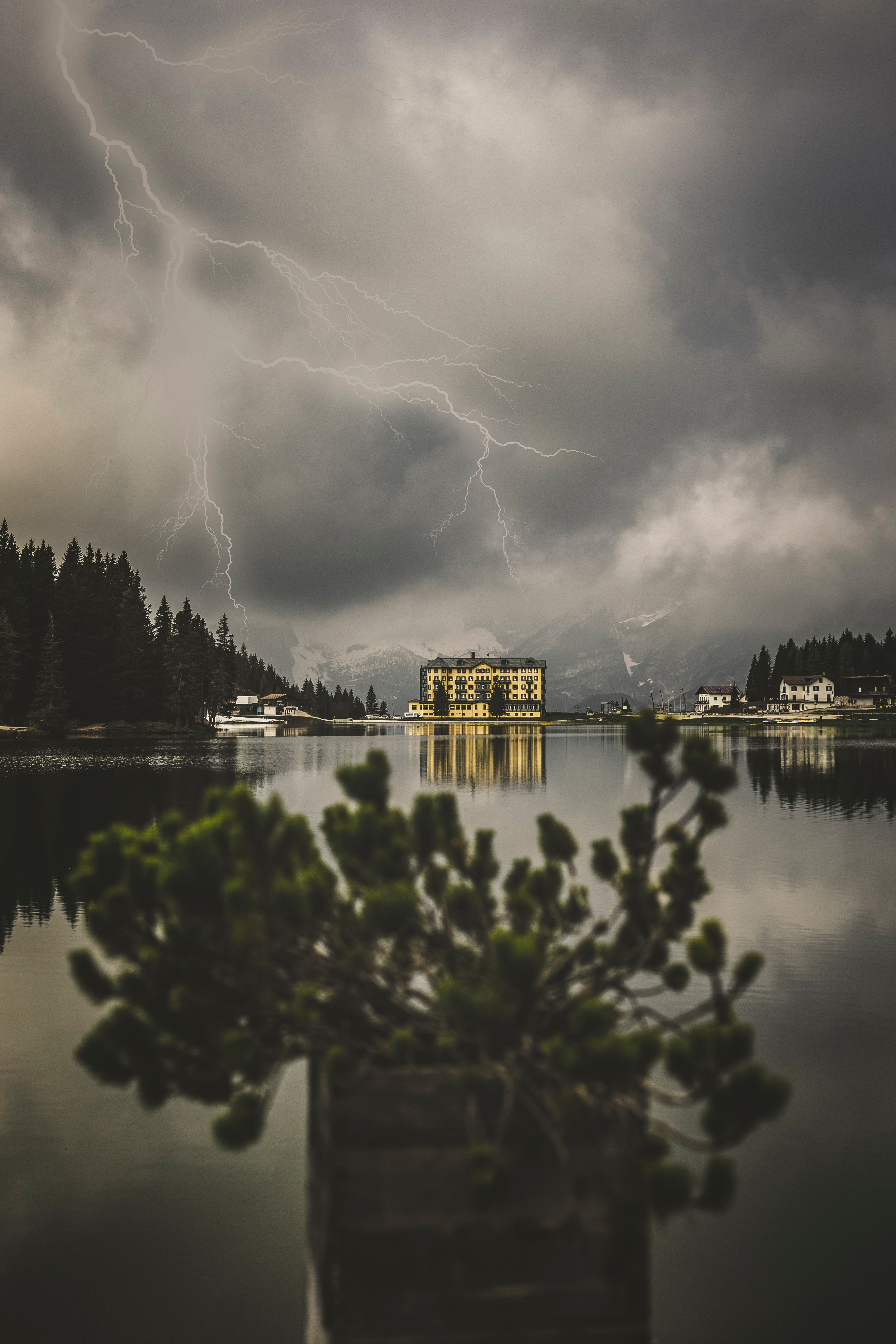 thunderstorm, lightning, nature, mountains, building, lake, storm Phone Background
