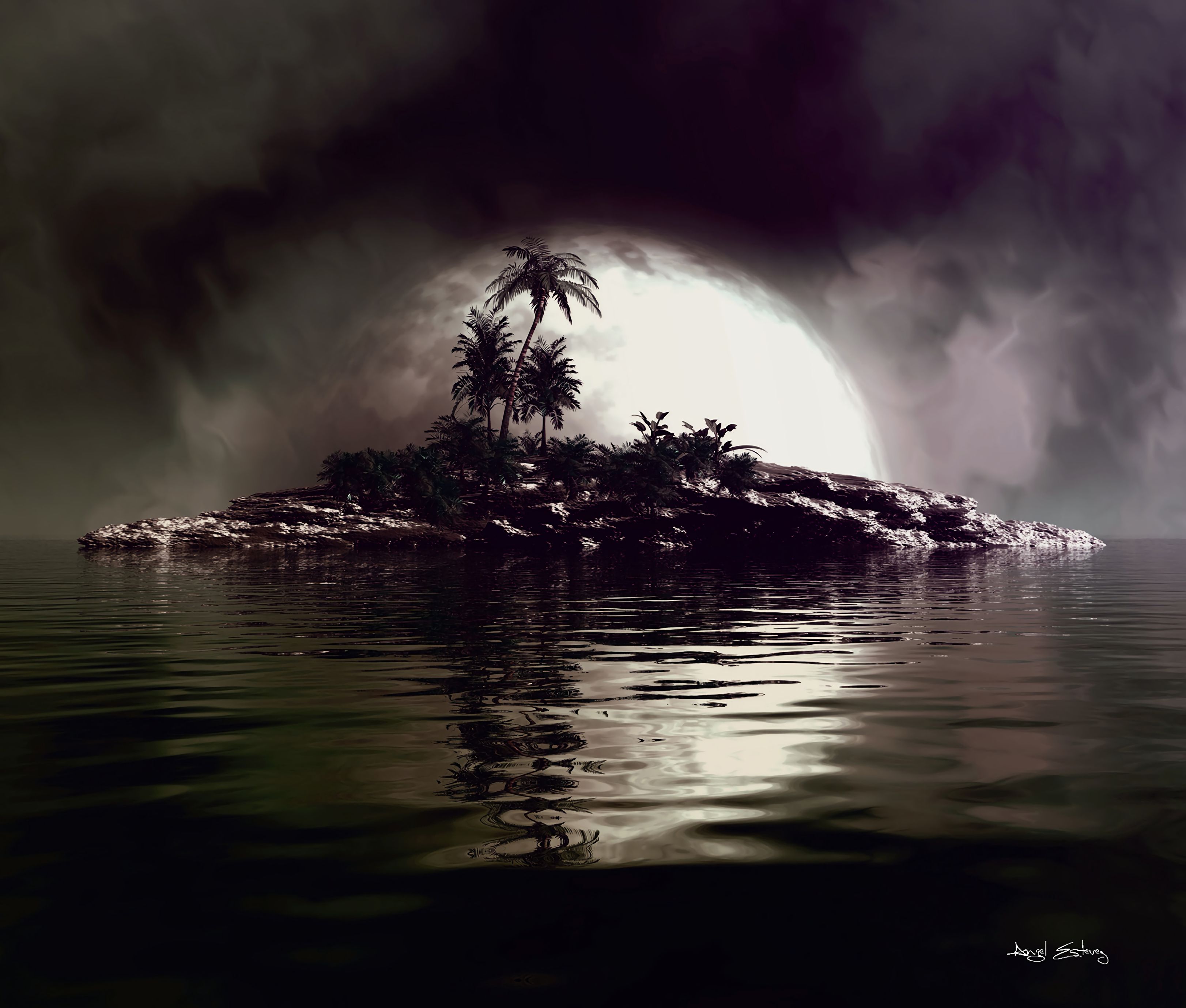 full moon, art, sea, palms, island cellphone