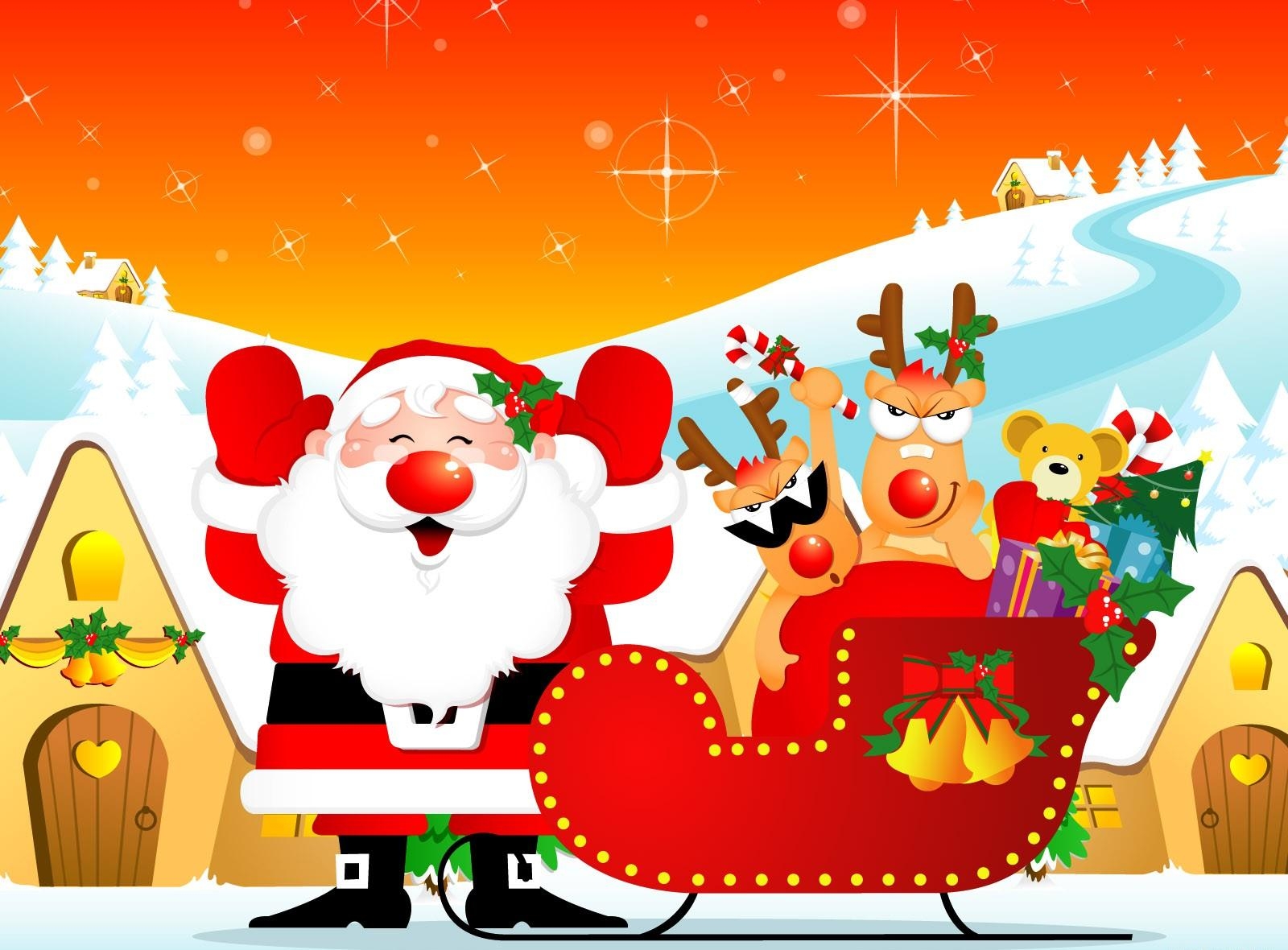 Скачать картинку Сани, Санта Клаус, Рождество, Подарки, Праздники, Праздник, Олени, Дома в телефон бесплатно.