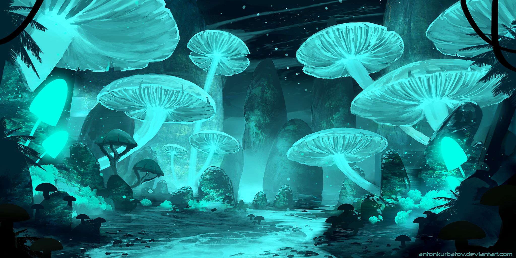 Светящиеся грибы фэнтези арт