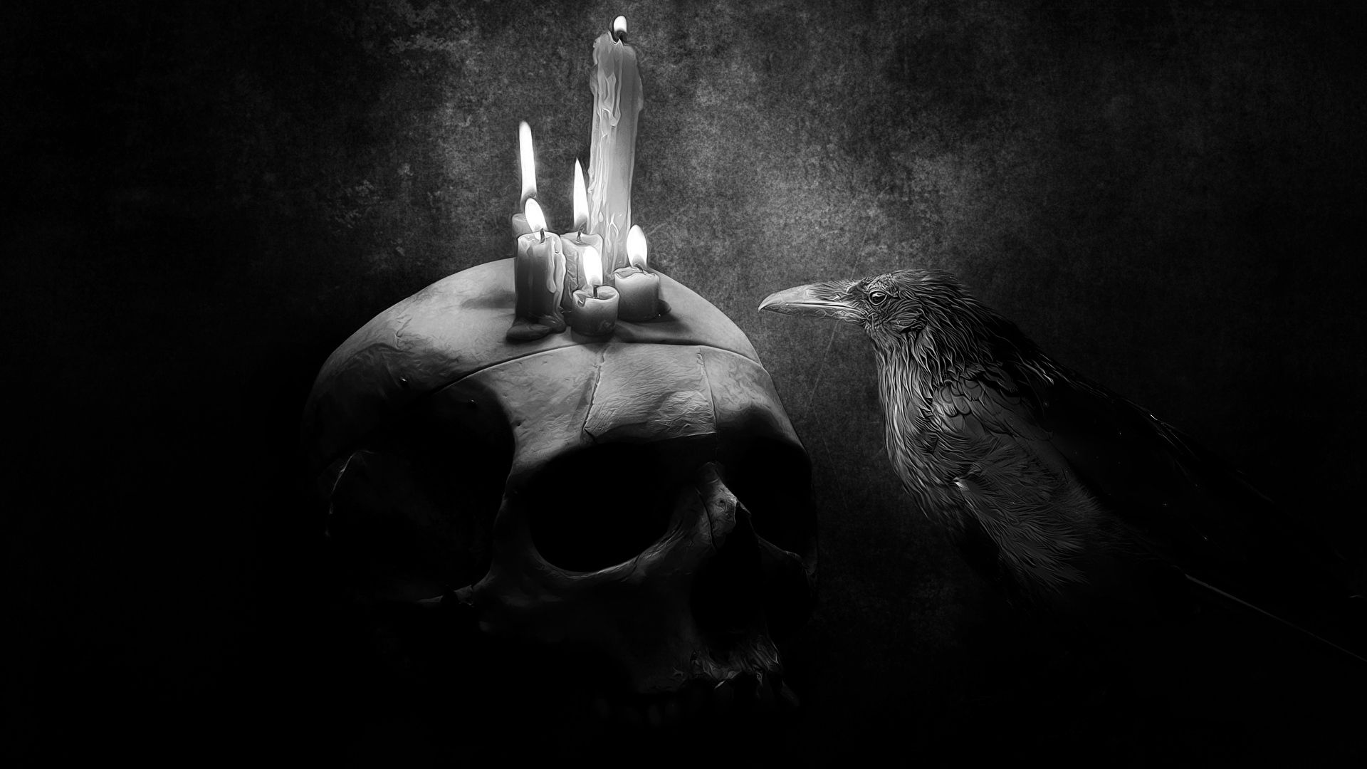 skull, crow, dark, bird, picture, drawing, candle
