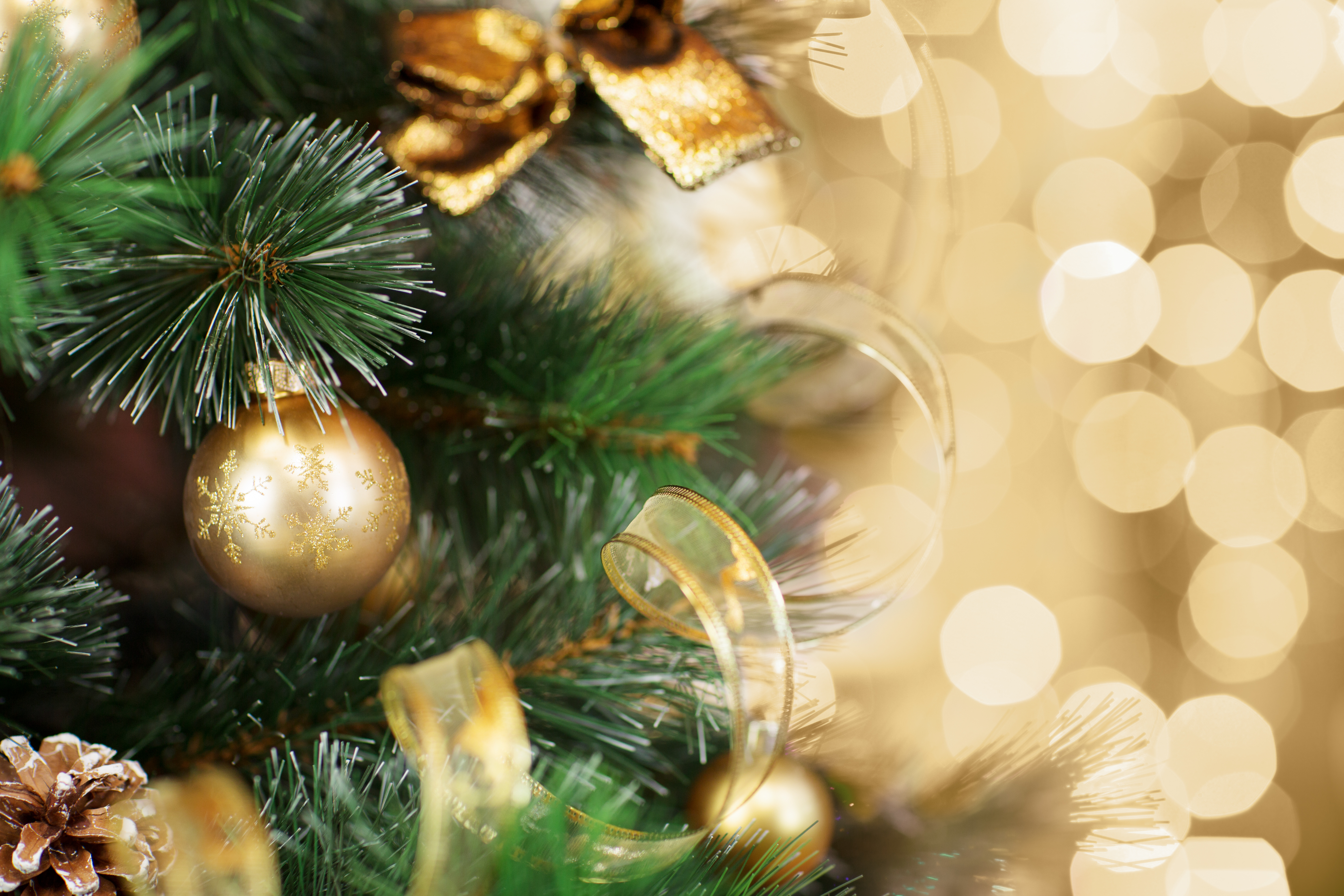holiday, christmas, bokeh, christmas ornaments, golden, ribbon