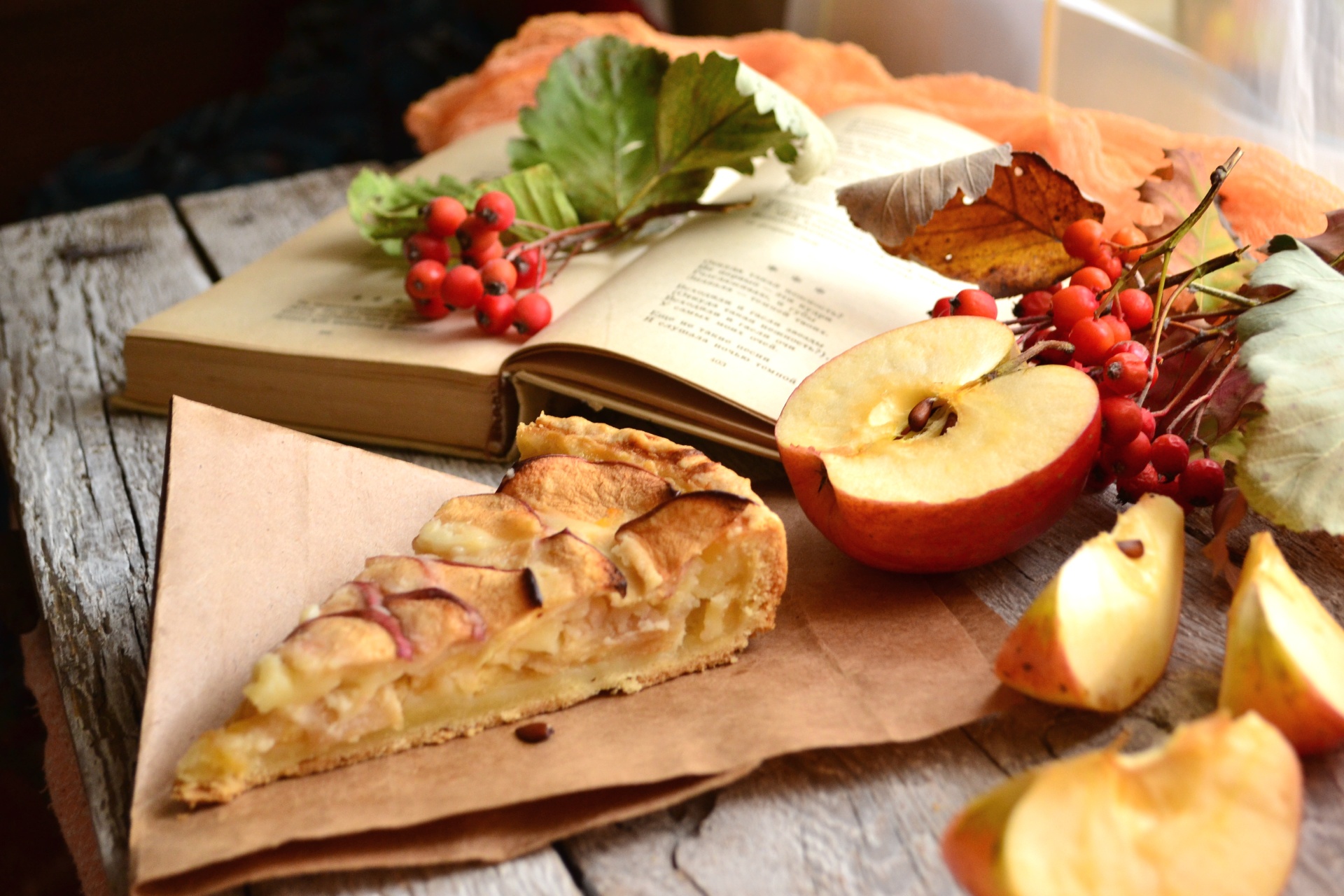 photography, still life, apple, book, currants, fall, pie