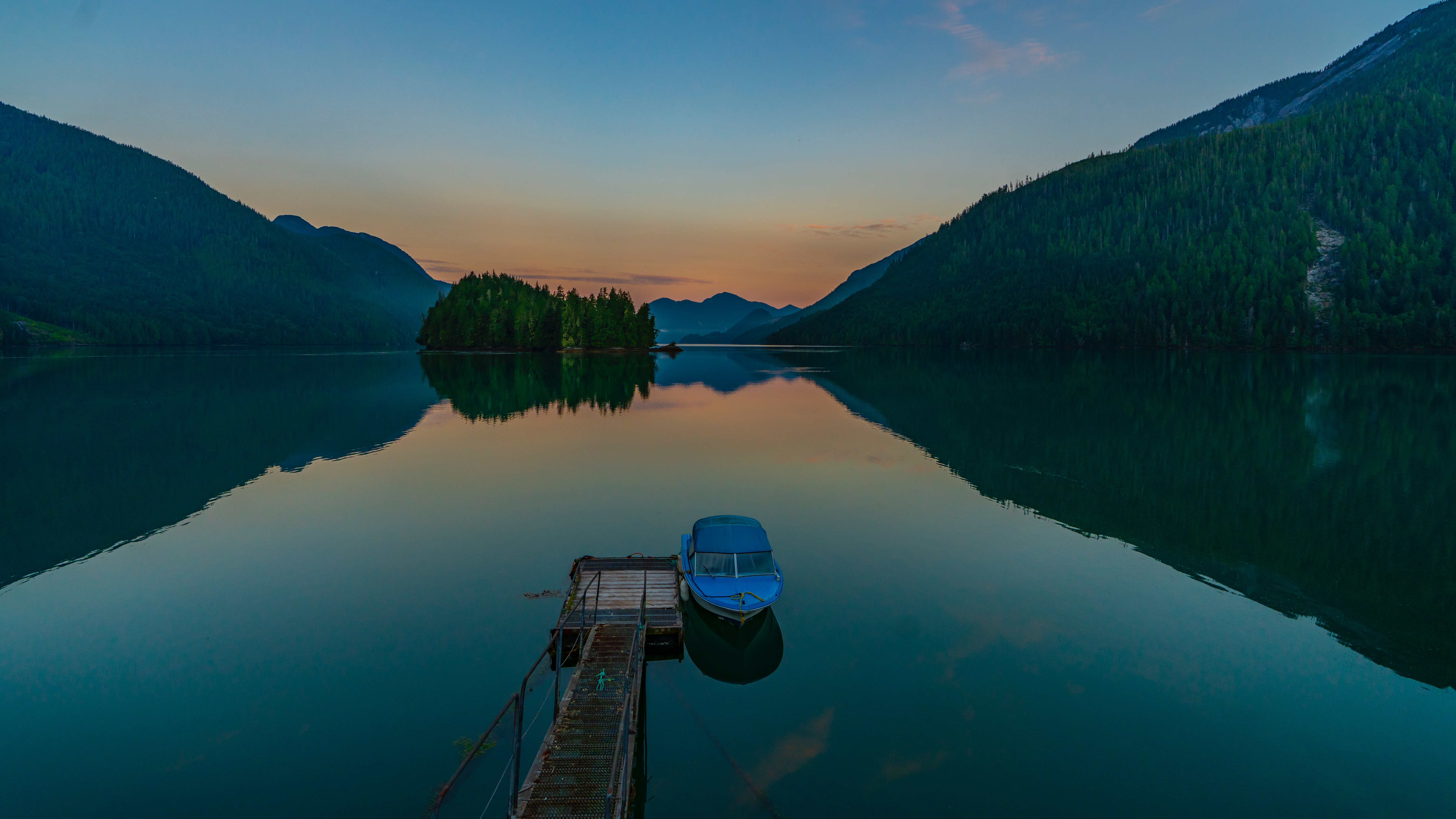 nature, berth, boat, lake, mountains, twilight, dusk, wharf Full HD