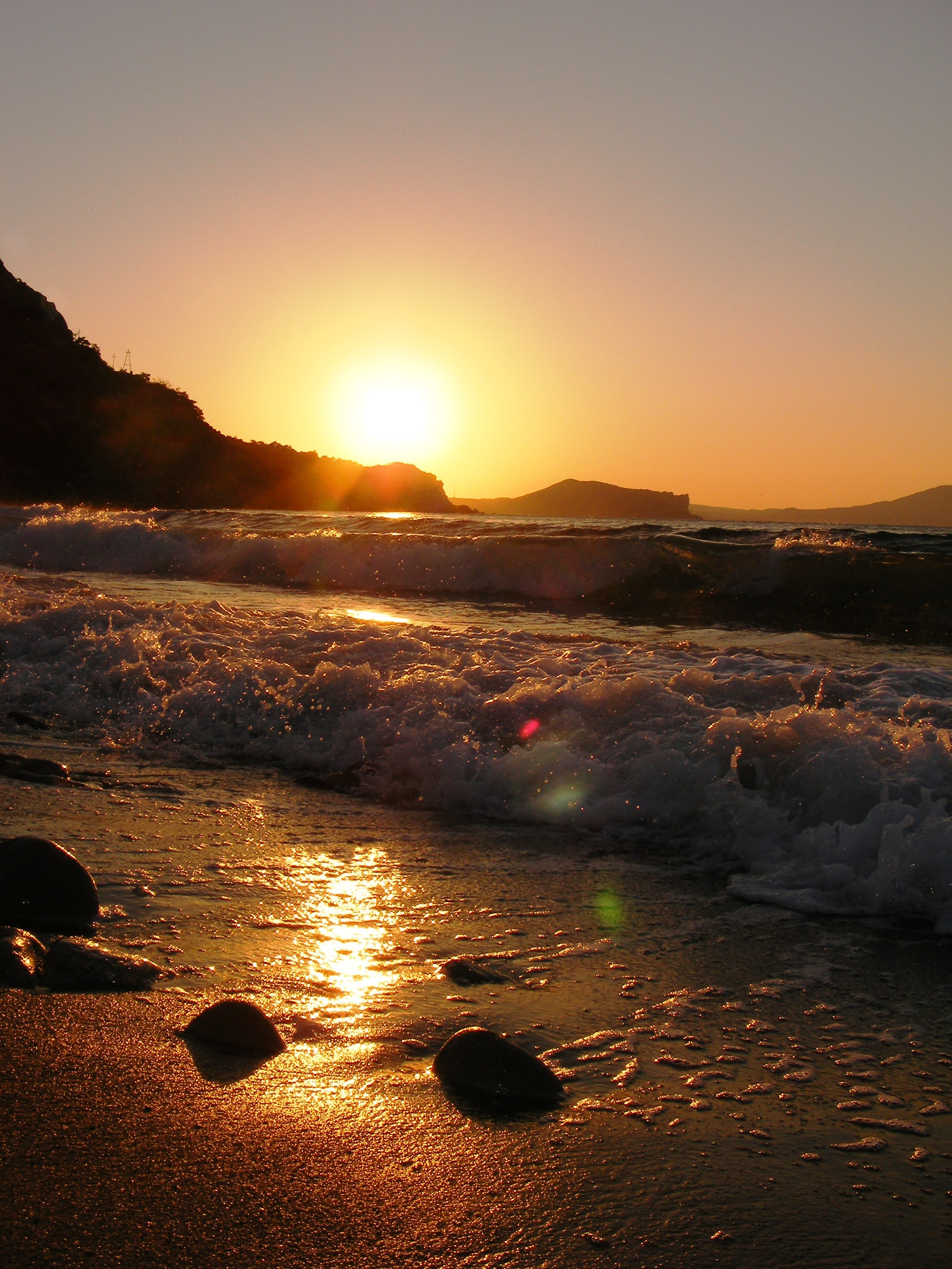 12492 Hintergrundbild herunterladen sunset, landschaft, wasser, sea, sun, strand, orange - Bildschirmschoner und Bilder kostenlos