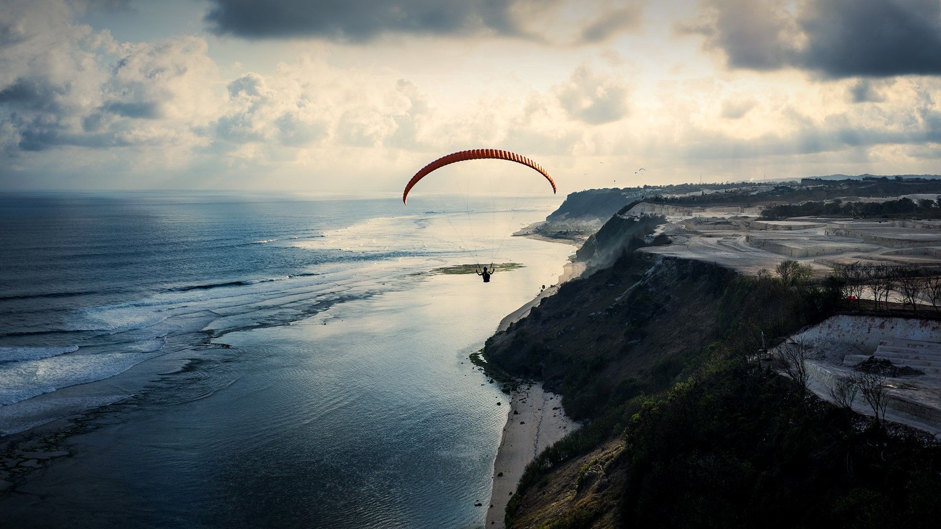 paragliding, beach, sports, coast, horizon, ocean