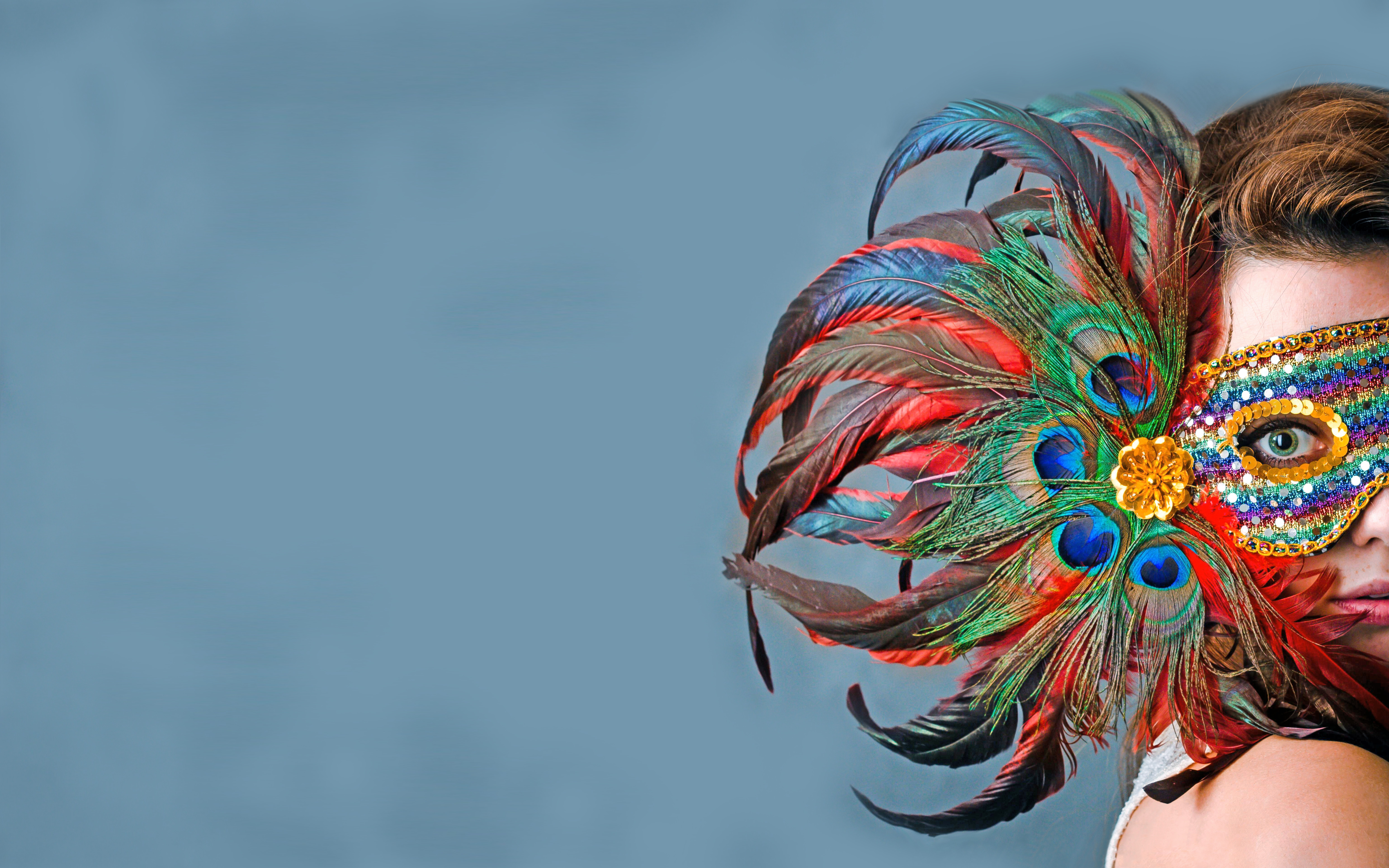 Download mobile wallpaper Feather, Mask, Colorful, Face, Photography, Green Eyes for free.