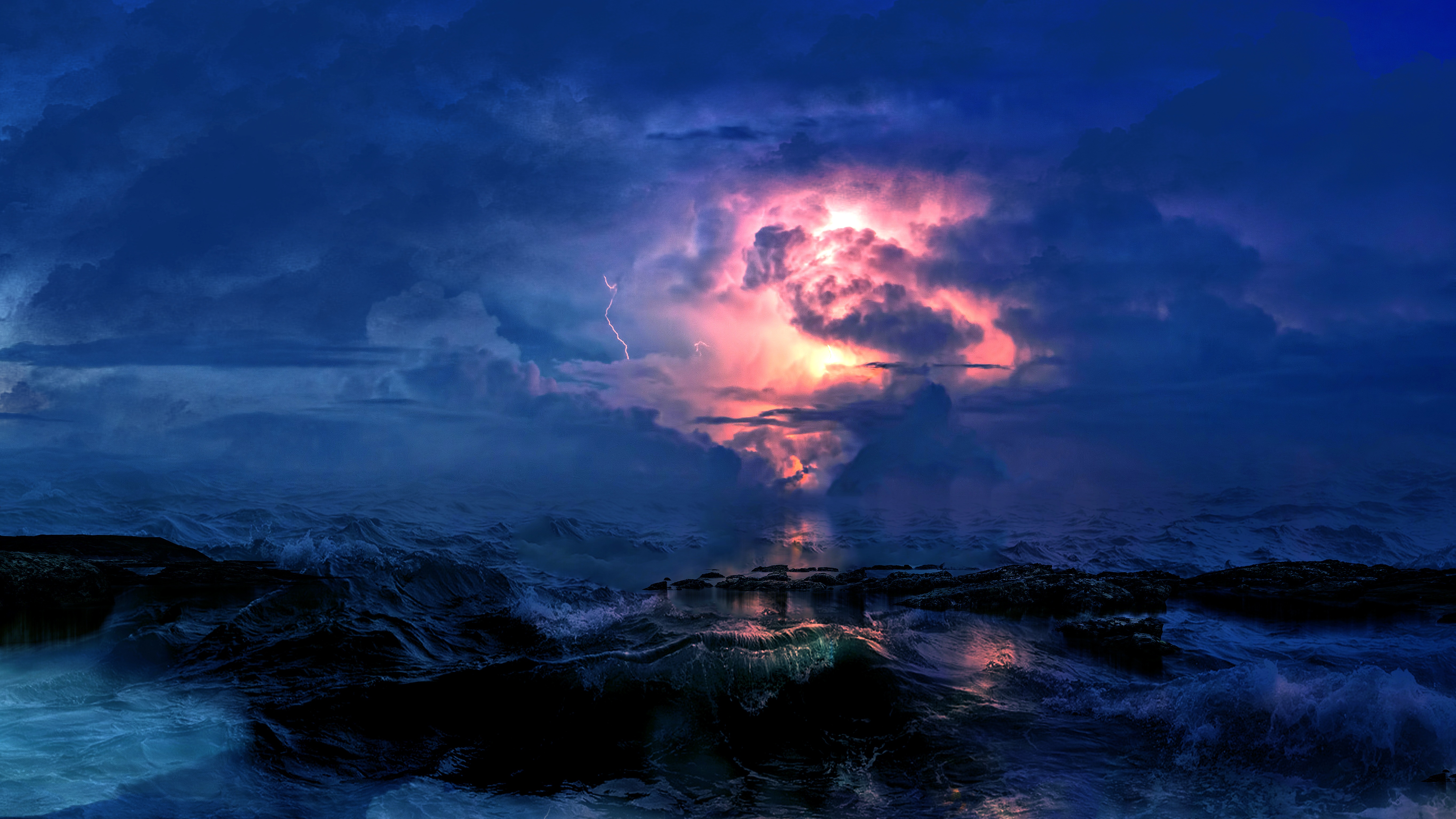 lightning, nature, sea, clouds, waves, mainly cloudy, overcast, storm HD wallpaper