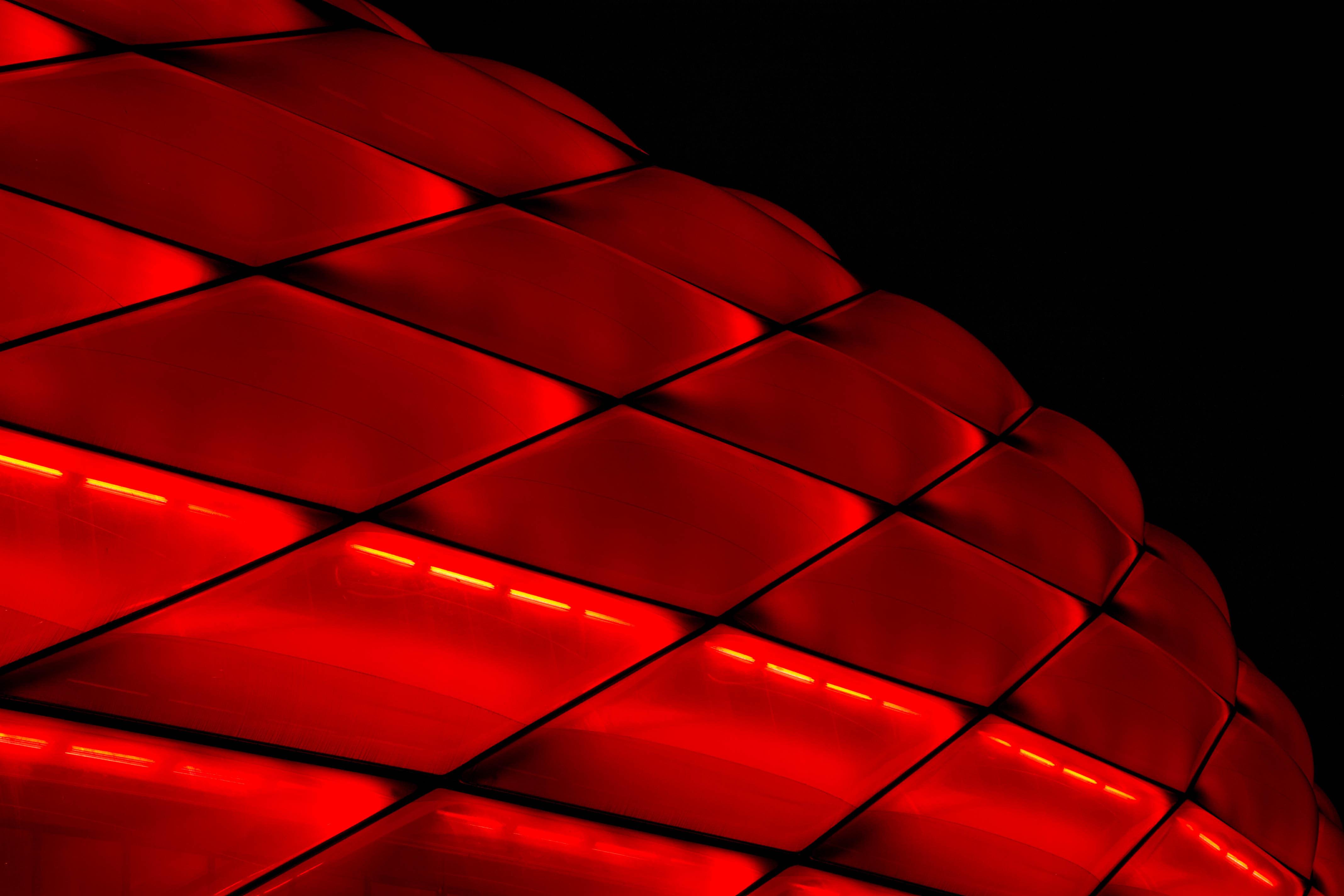 Full HD Wallpaper backlight, architecture, red, building, miscellanea, miscellaneous, grid, illumination, facade