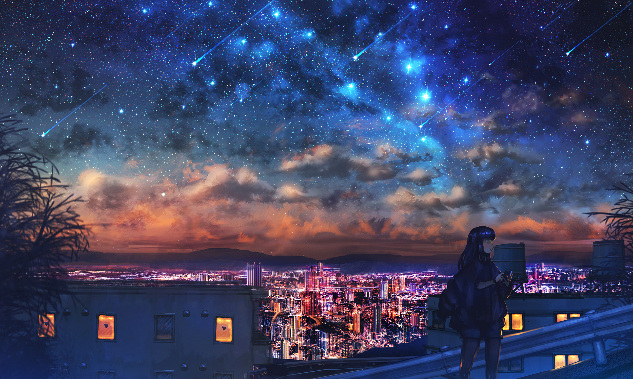 Baixar papel de parede para celular de Anime, Cidade, Céu Estrelado, Original, Estrela Cadente gratuito.