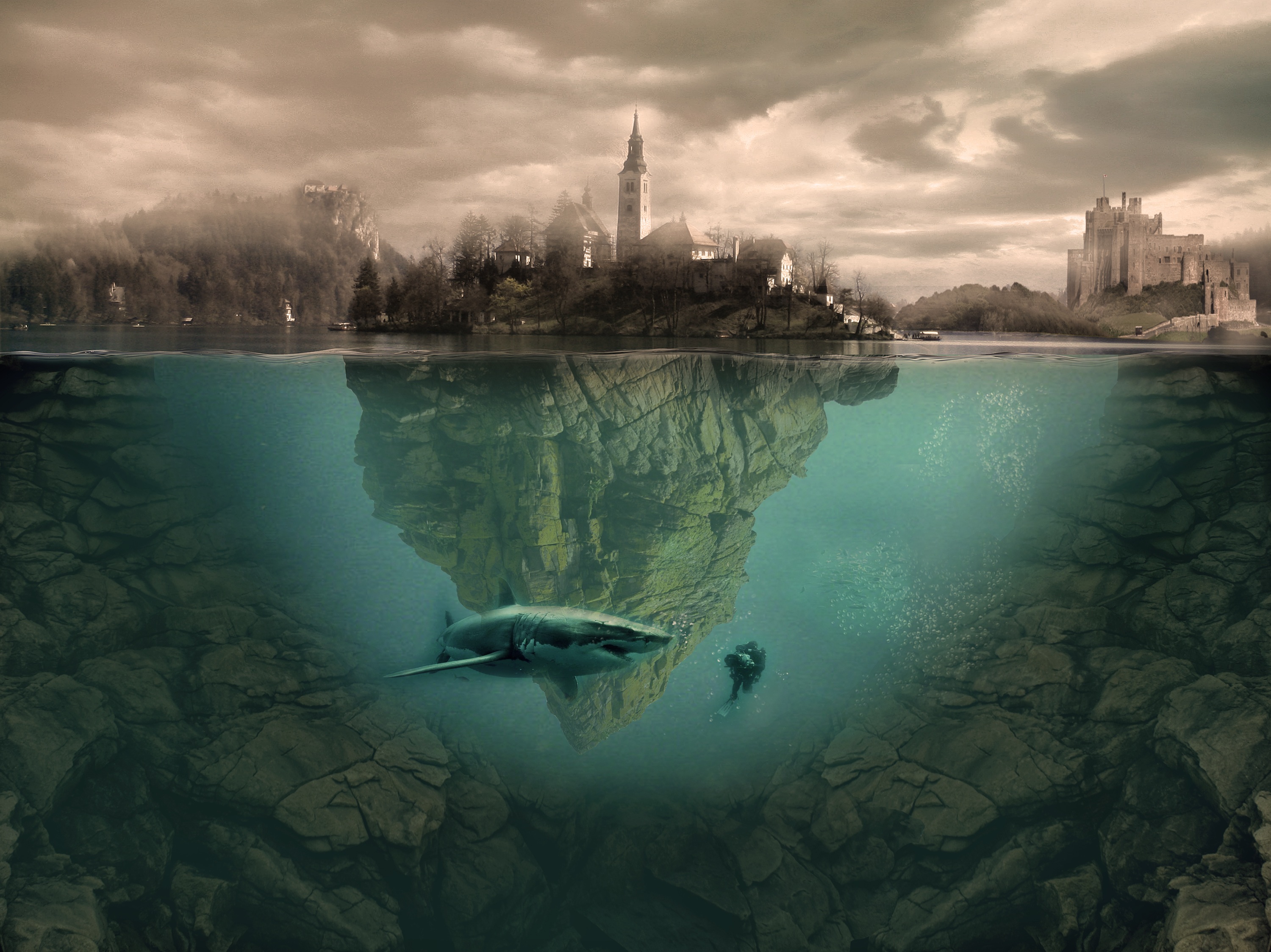 diver, shark, underwater, photography, manipulation, fantasy, town images