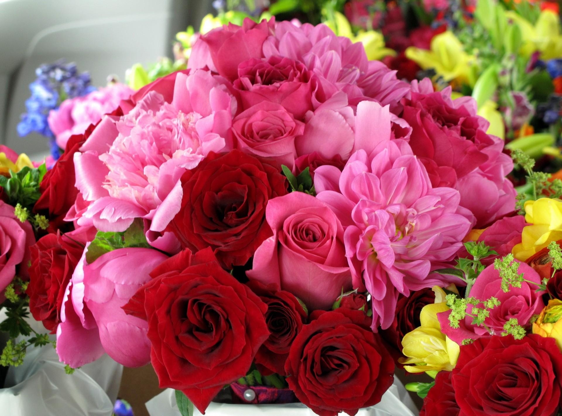 peonies, flowers, roses, bright, bouquet Full HD