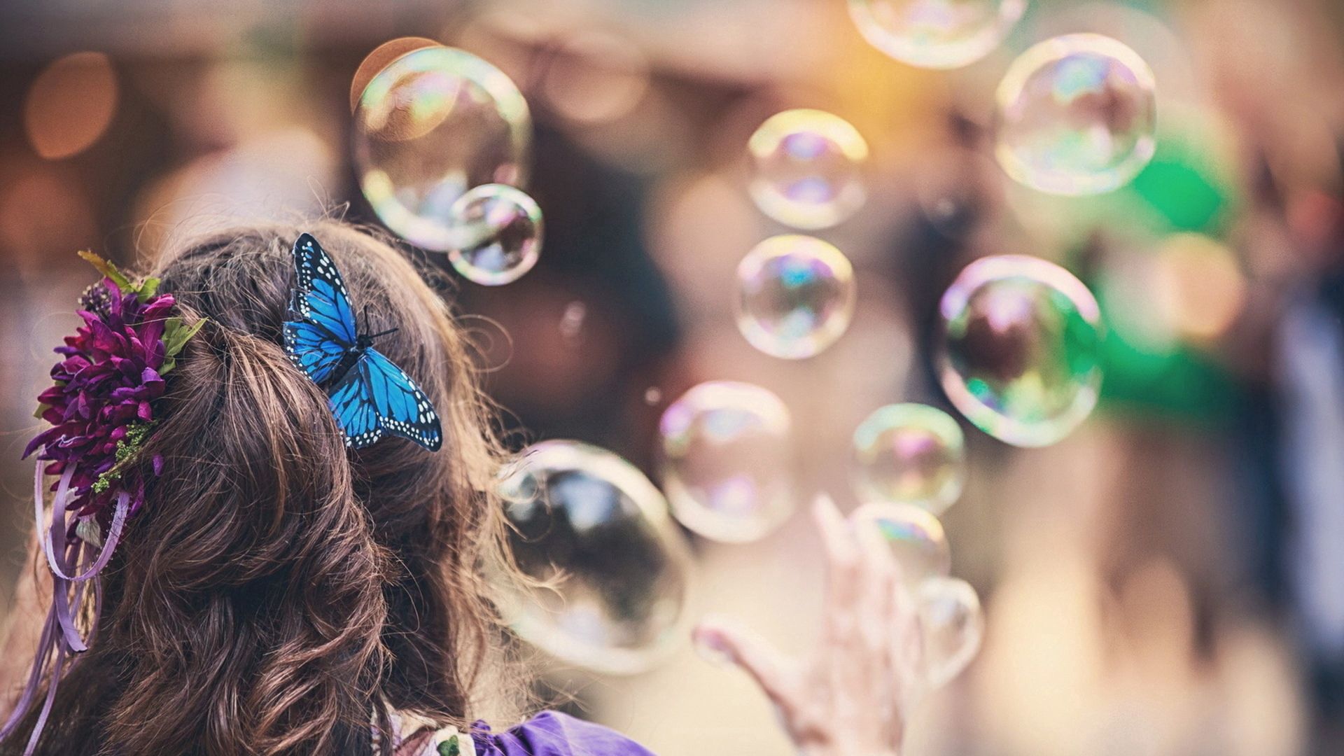 Download mobile wallpaper Miscellaneous, Miscellanea, Butterfly, Bubbles, Hair, Girl for free.