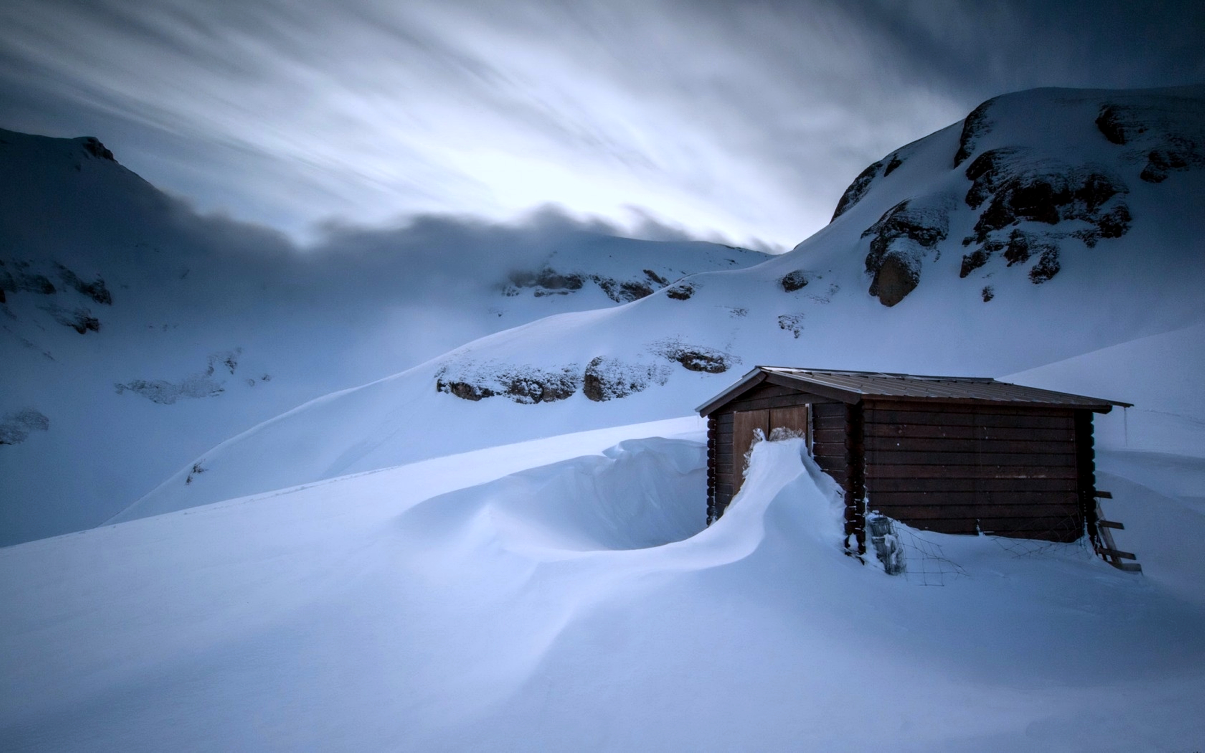 cold, white, photography, winter, house, hut, landscape, mountain, nature, snow 4K