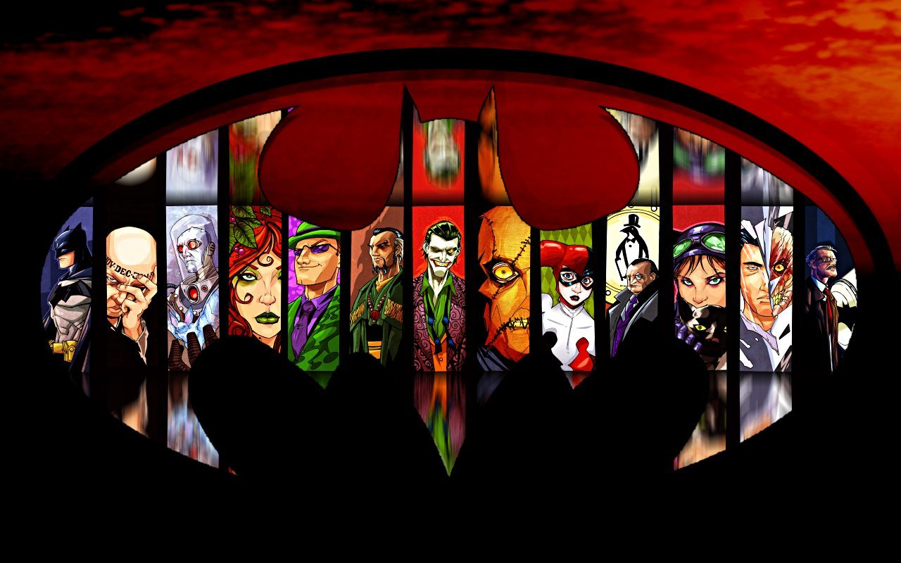 comics, dc comics, batman, catwoman, collage, harley quinn, joker, logo, mr freeze (dc comics), penguin (dc comics), poison ivy, riddler (dc comics), two face