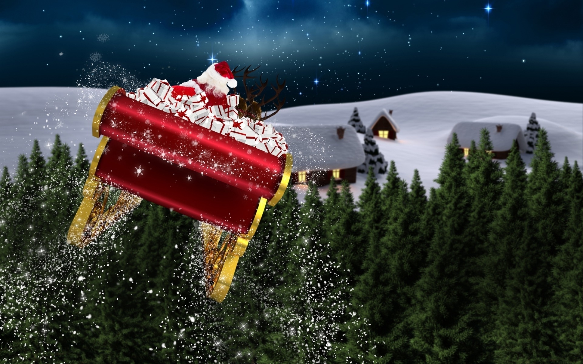 santa claus, holiday, christmas, forest, house, night, sled, snow
