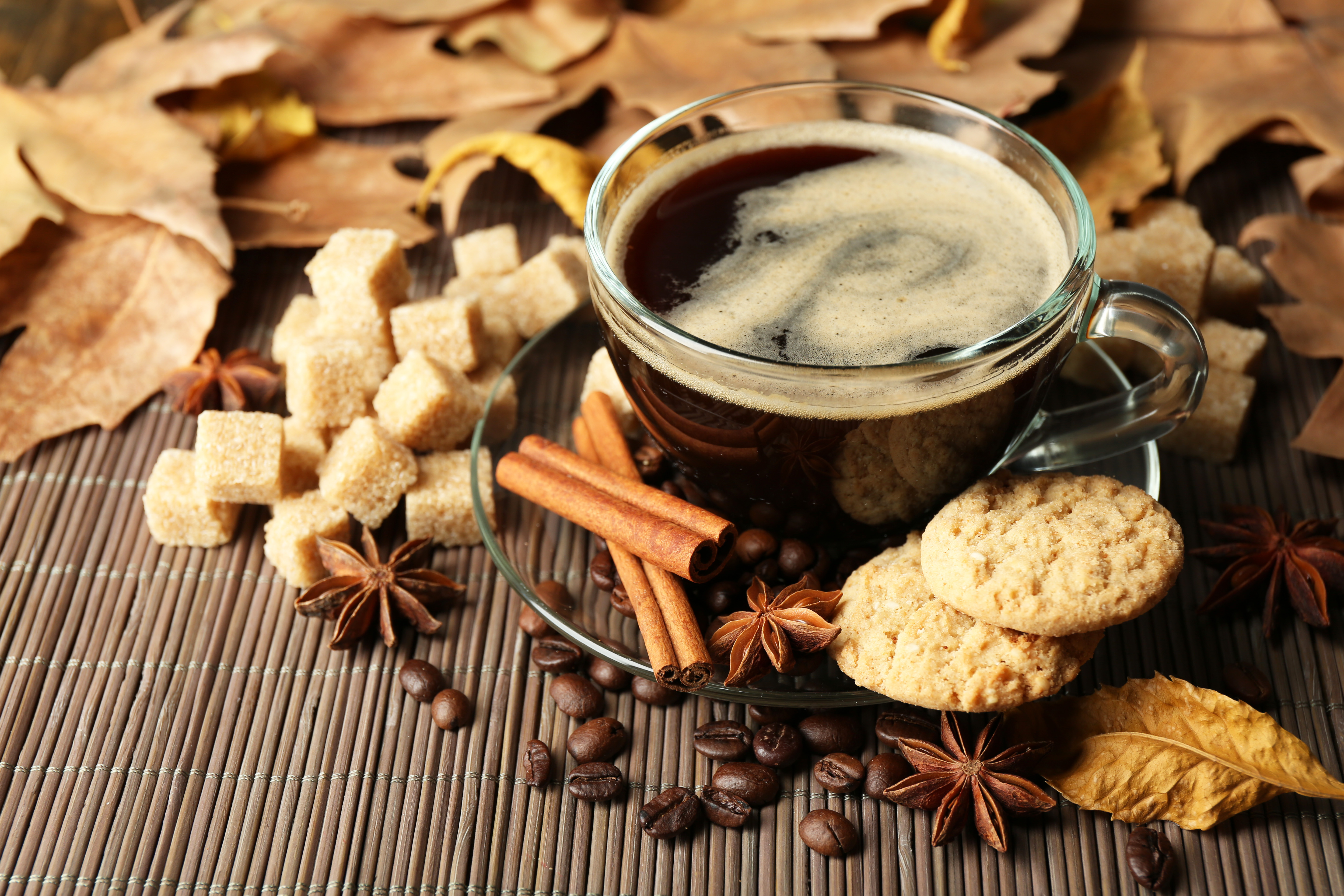 food, coffee, cinnamon, coffee beans, cookie, fall, leaf, sugar QHD
