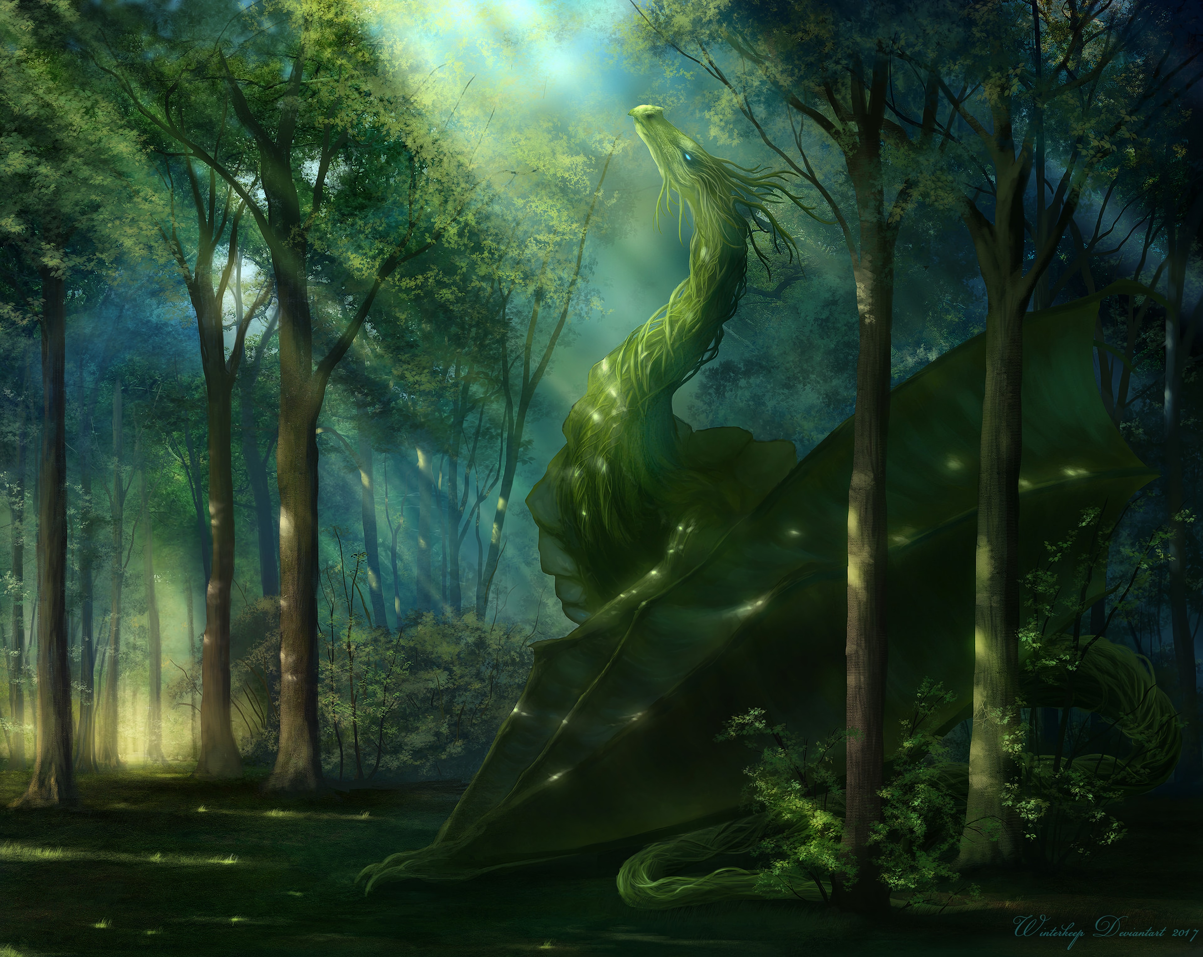 dragon, forest, green, art, sunlight 2160p