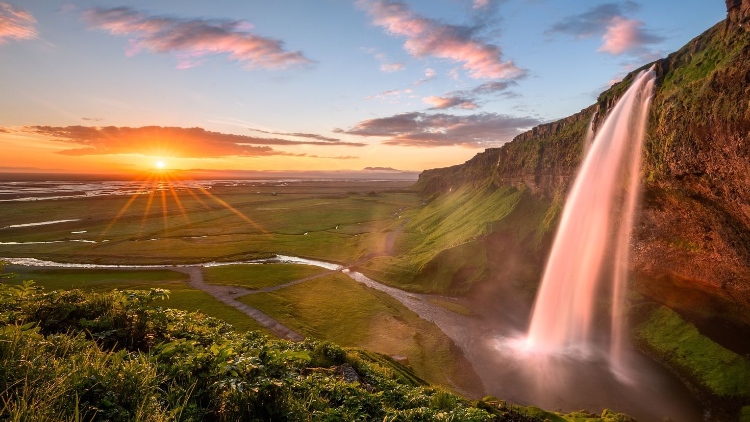 Водопад рассвет. Сельяландсфосс Исландия. Водопад Сельяландсфосс. Водопад Сельяландсфосс, Исландия закат. Водопады, Исландия, ландшафт, Сельяландсфосс, Восход солнца,.