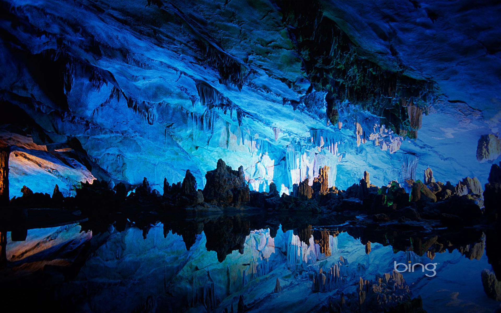 cave, earth, reed flute cave, blue, nature, reflection, caves Full HD