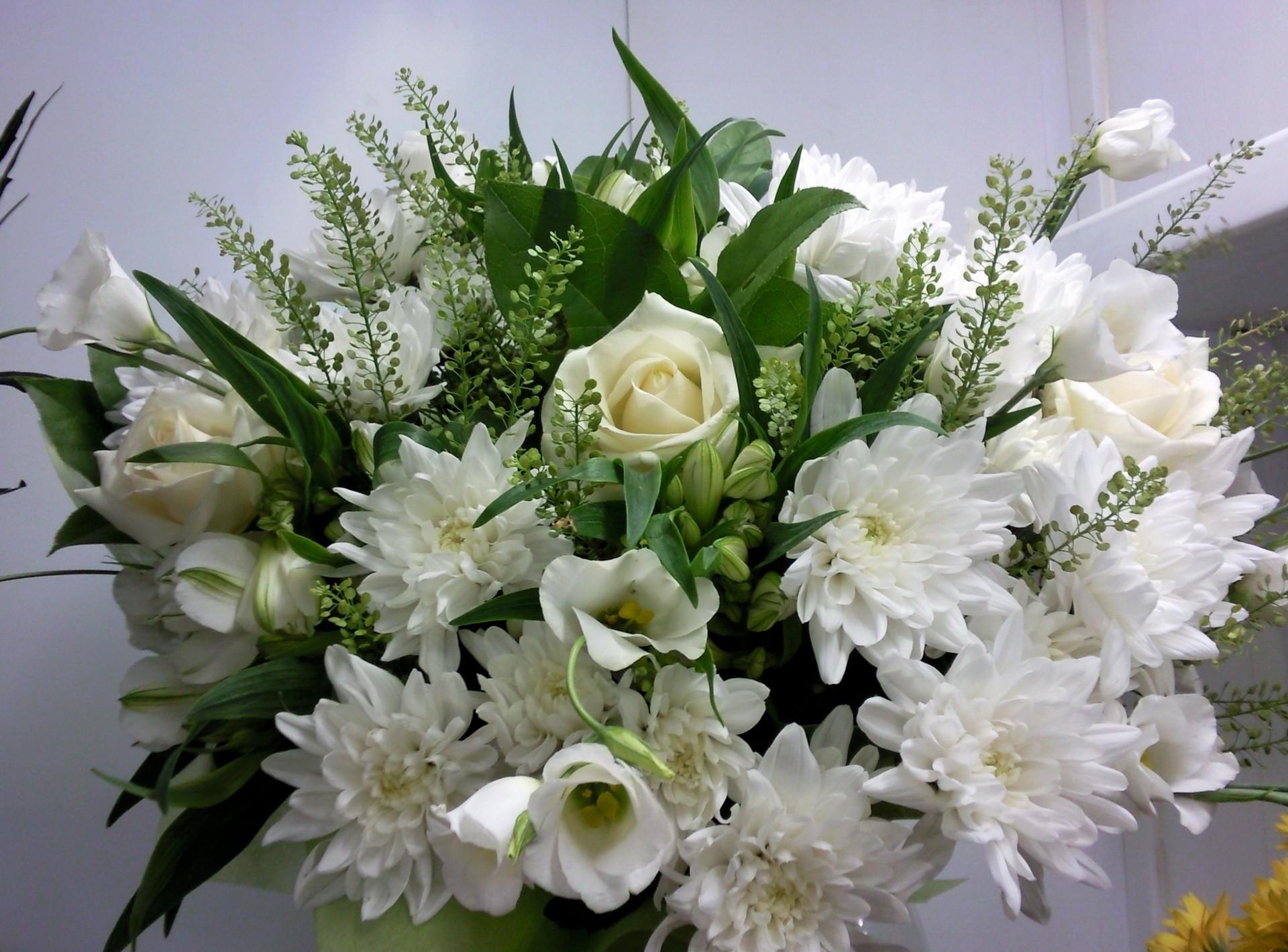 bouquet, roses, flowers, chrysanthemum, white, snow white phone wallpaper
