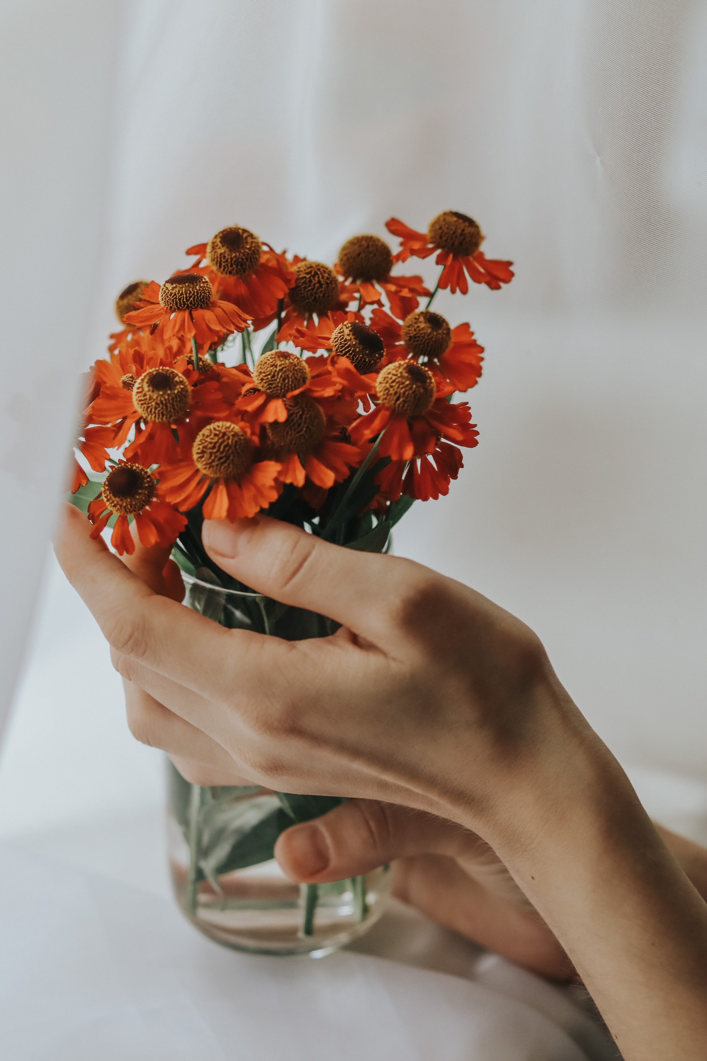 Download mobile wallpaper Bouquet, Flowers, Cloth, Hand, Fingers for free.