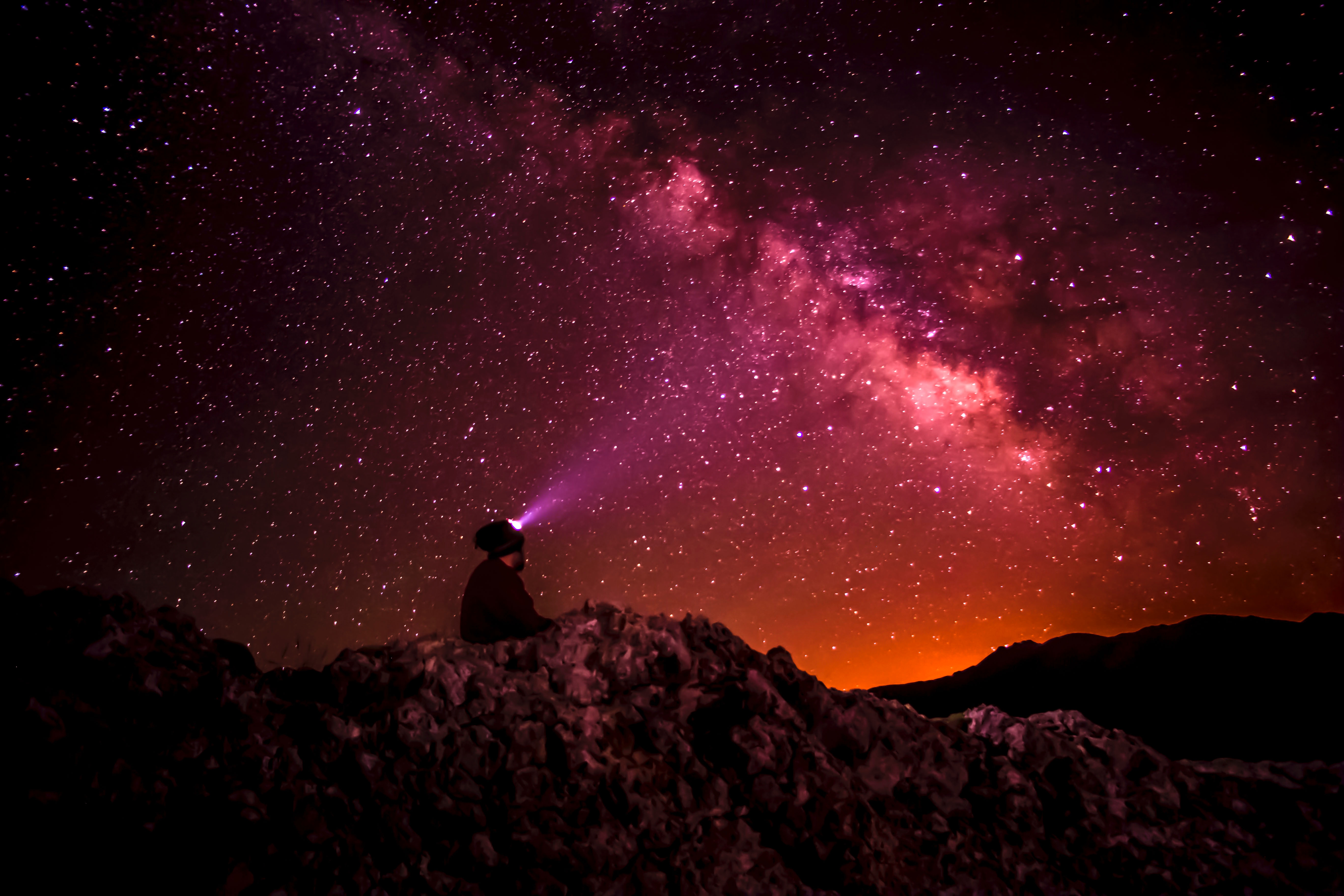 Free download wallpaper Nature, Stars, Starry Sky, Person, Shine, Light, Brilliance, Human on your PC desktop