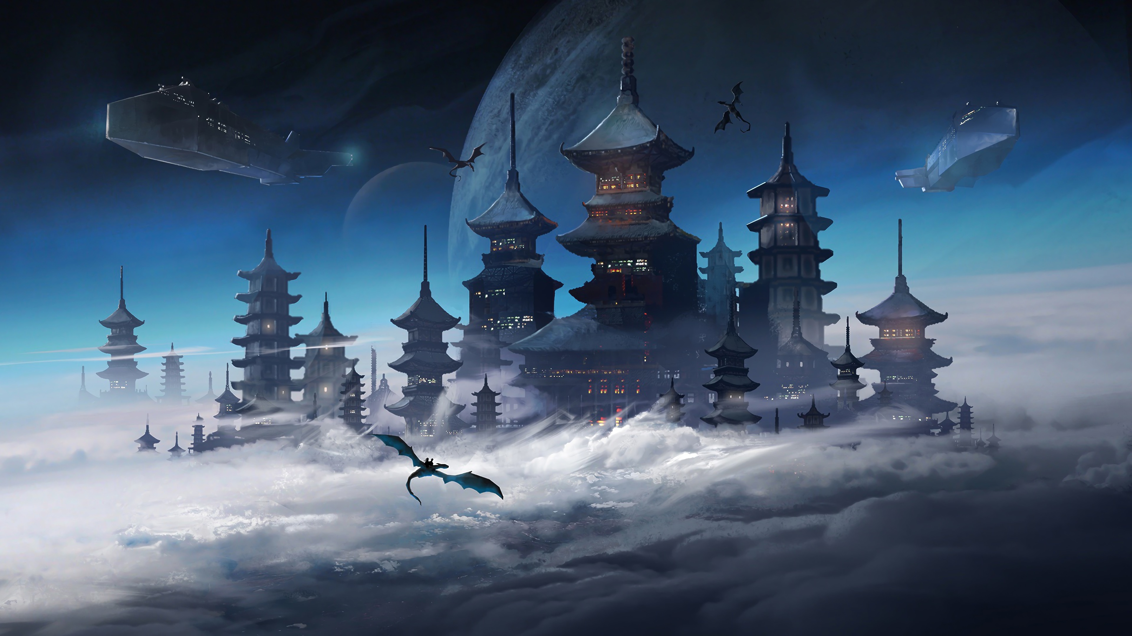 dragon, sci fi, japanese, spaceship, castle, building, fantasy, city, cloud Aesthetic wallpaper
