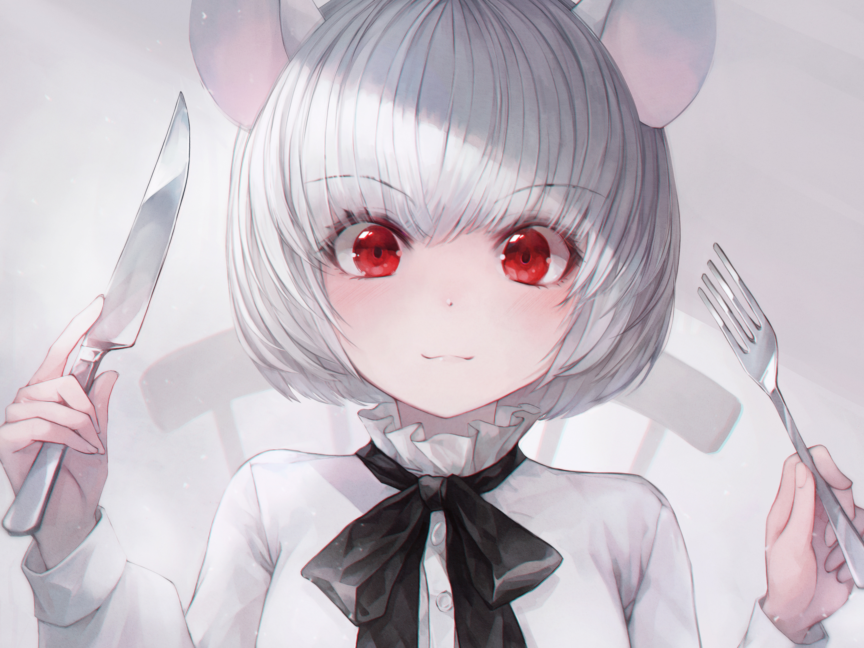 anime, original, animal ears, fork, knife, red eyes, white hair