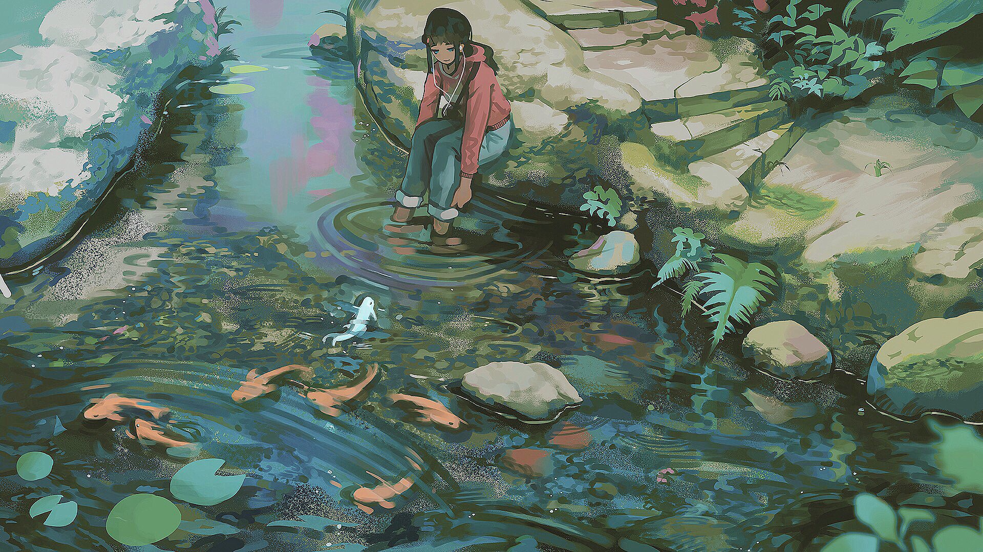 artistic, child, jeans, koi carp, pond Phone Background