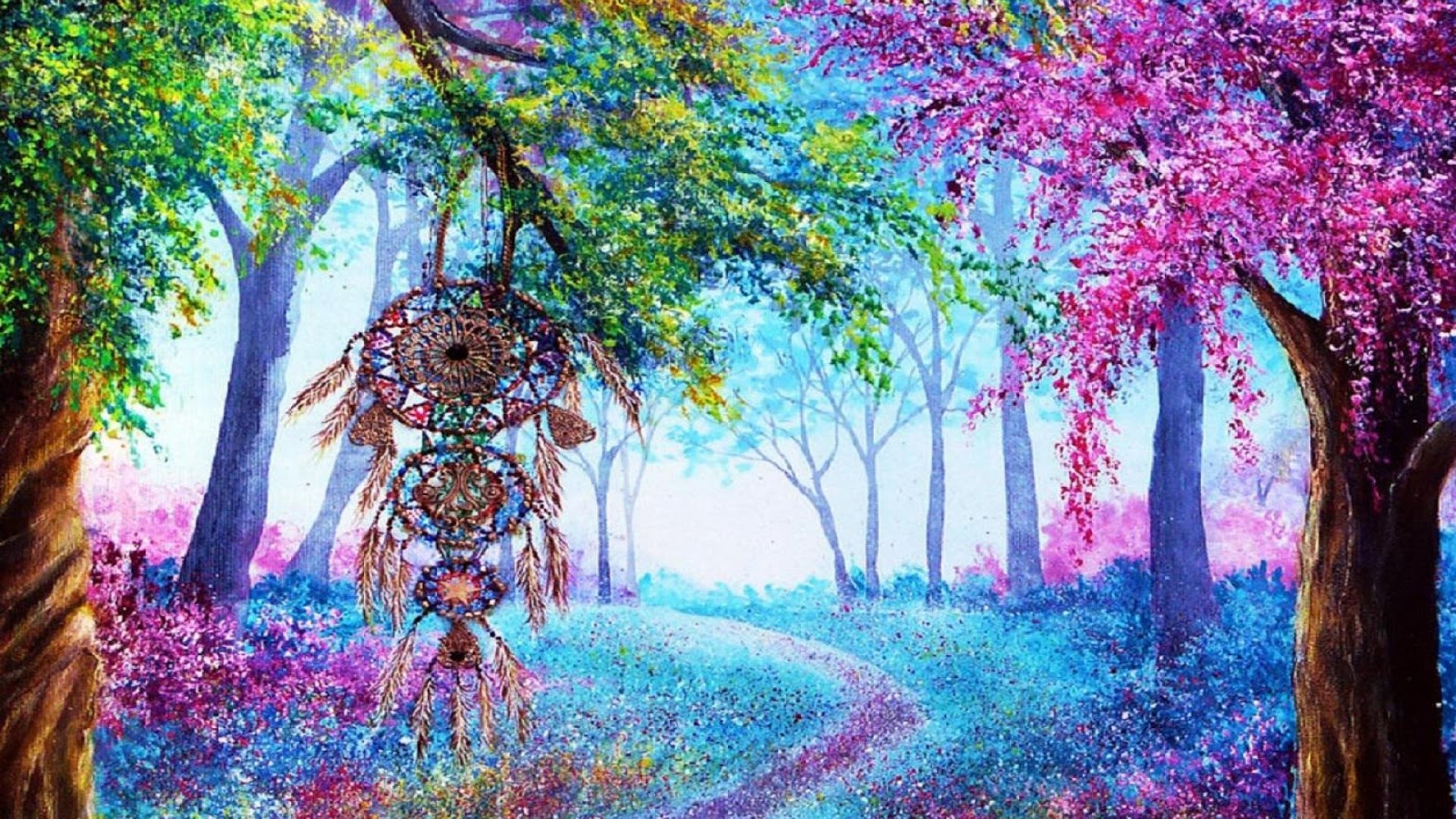 dreamcatcher, artistic, colorful, forest, path High Definition image