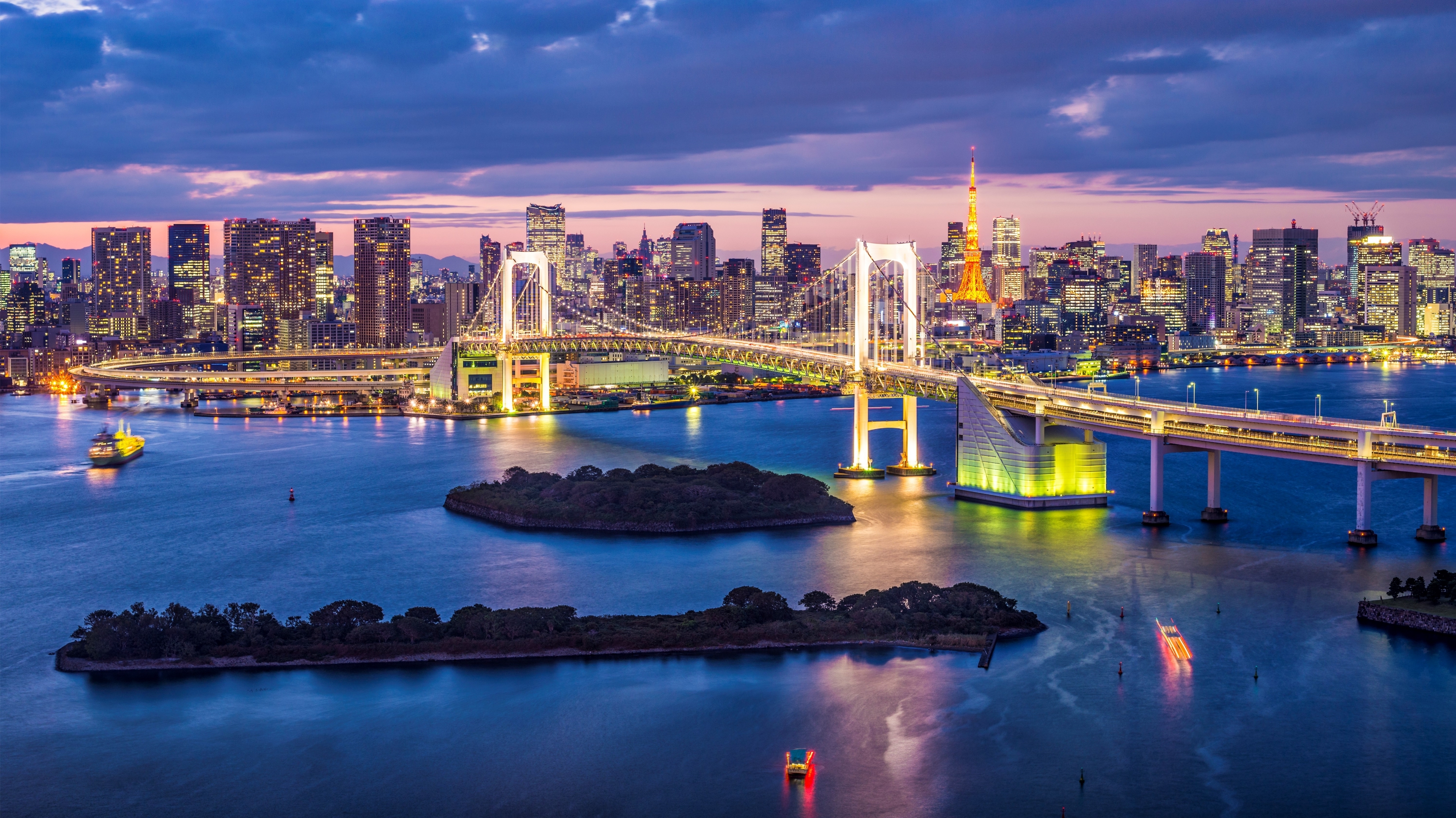 japan, tokyo, man made, rainbow bridge, bay, bridge, building, city, island, light, skyline, tokyo bay, bridges