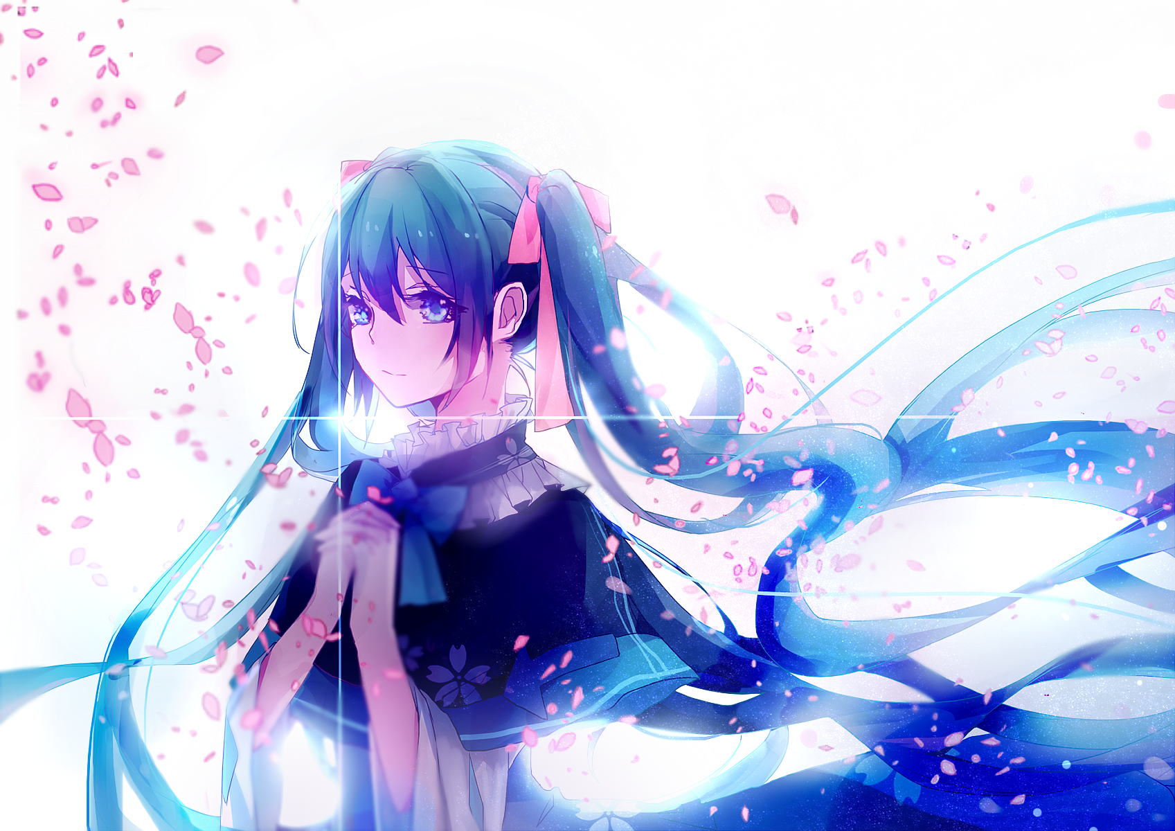 Download mobile wallpaper Anime, Flower, Light, Vocaloid, Blue Eyes, Cherry Blossom, Blue Hair, Hatsune Miku, Long Hair, Twintails, Bow (Clothing) for free.