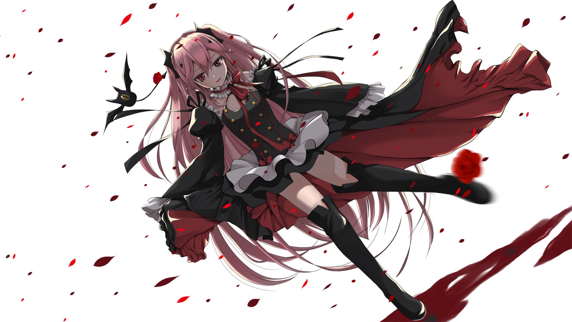 Download mobile wallpaper Anime, Dress, Vampire, Pink Hair, Red Eyes, Long Hair, Black Dress, Twintails, Bow (Clothing), Thigh Boots, Seraph Of The End, Krul Tepes for free.