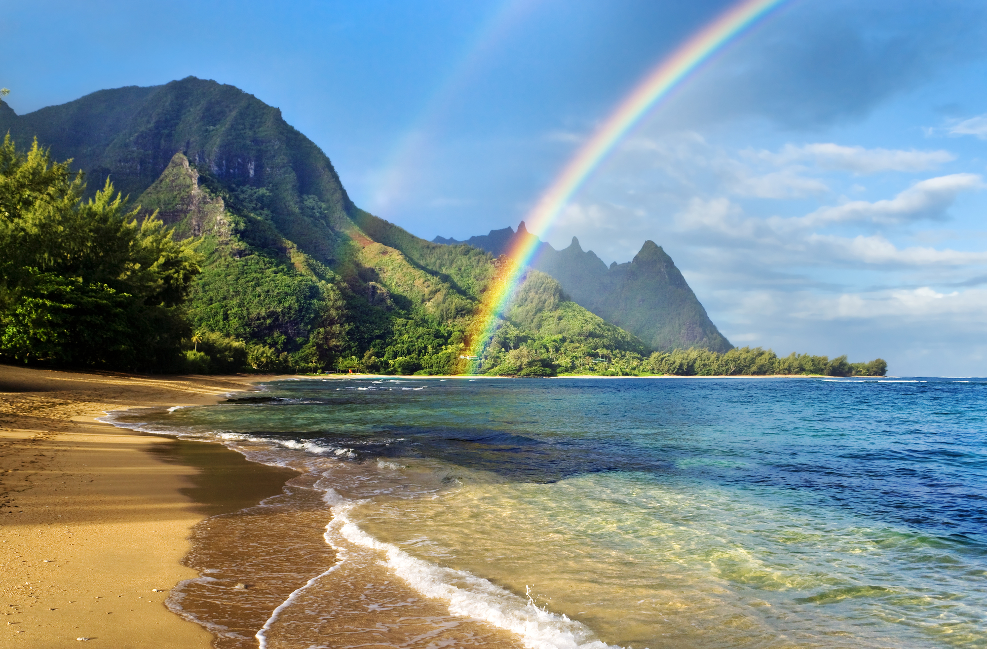 rainbow, beach, vegetation, sea, landscape, mountain, earth, nature, sand, water
