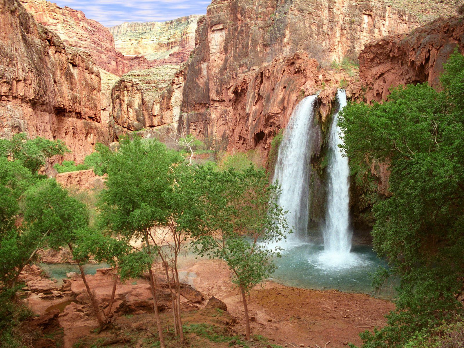 Download mobile wallpaper Arizona, Havasu Falls, Trees, Greens, Waterfall, Canyon, Nature for free.