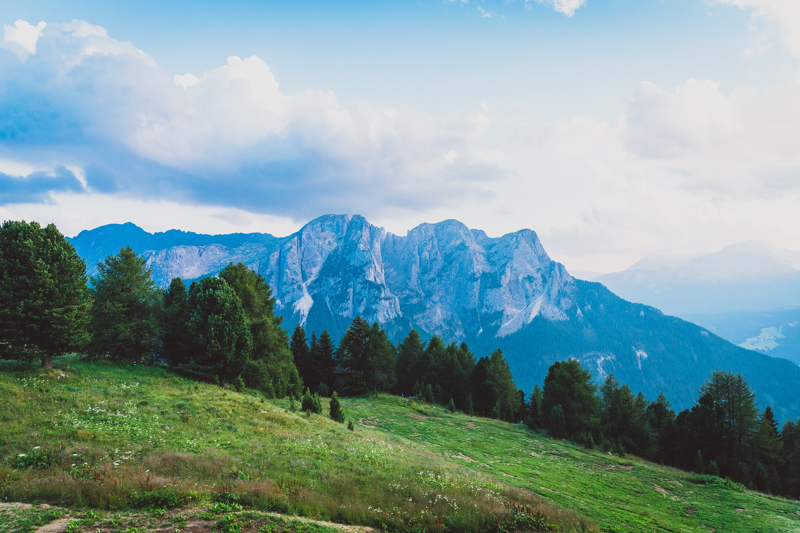 Download mobile wallpaper Dolomites, Val Di Fassa, Meadow, Mountains, Nature, Italy for free.