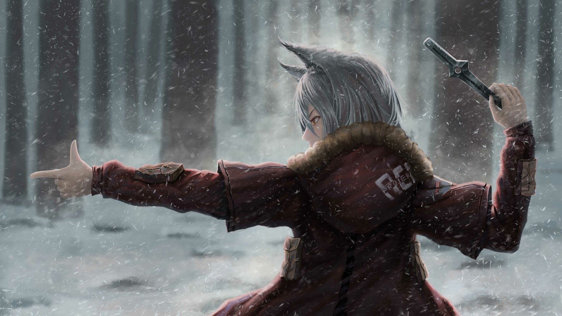 arknights, video game, animal ears, knife, projekt red (arknights), snow, white hair