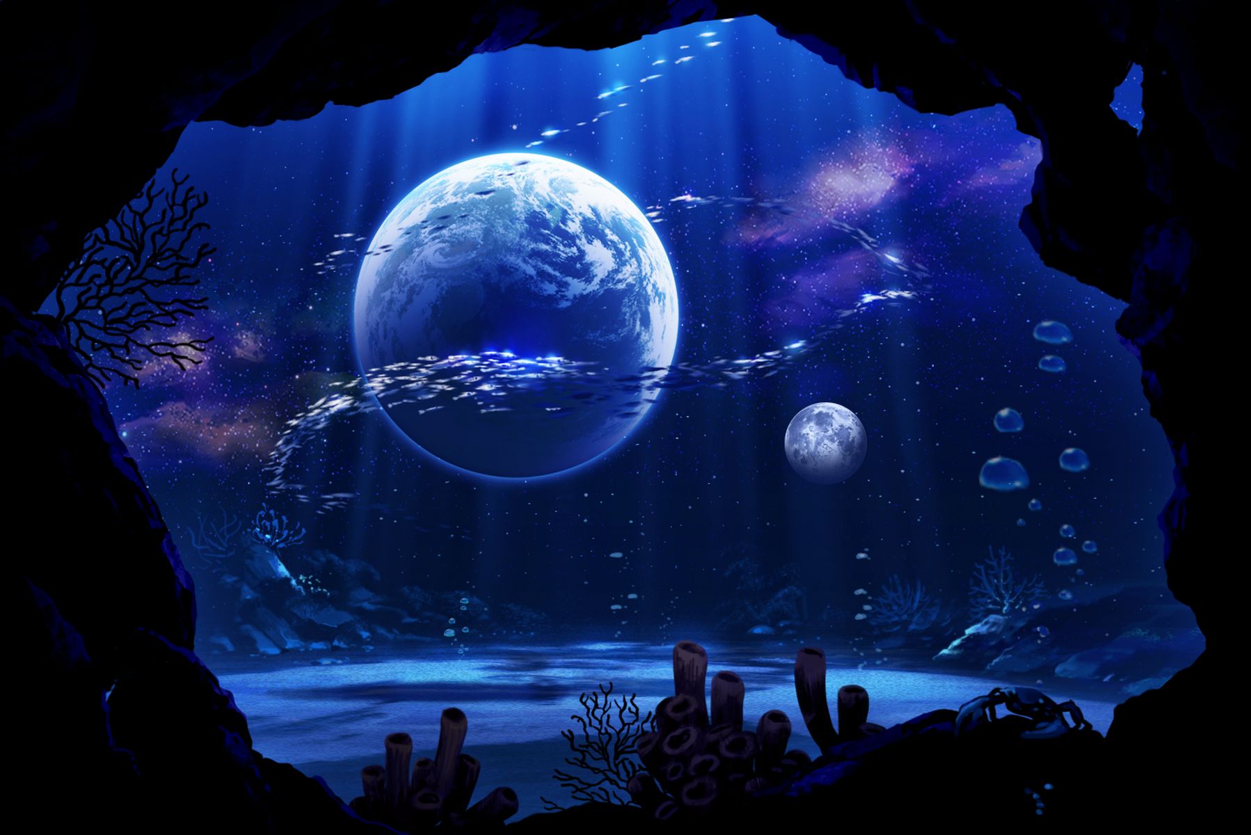 855276 скачать обои аниме, под водой, пузыри, рыба, луна, планета, звезды, подводный - заставки и картинки бесплатно