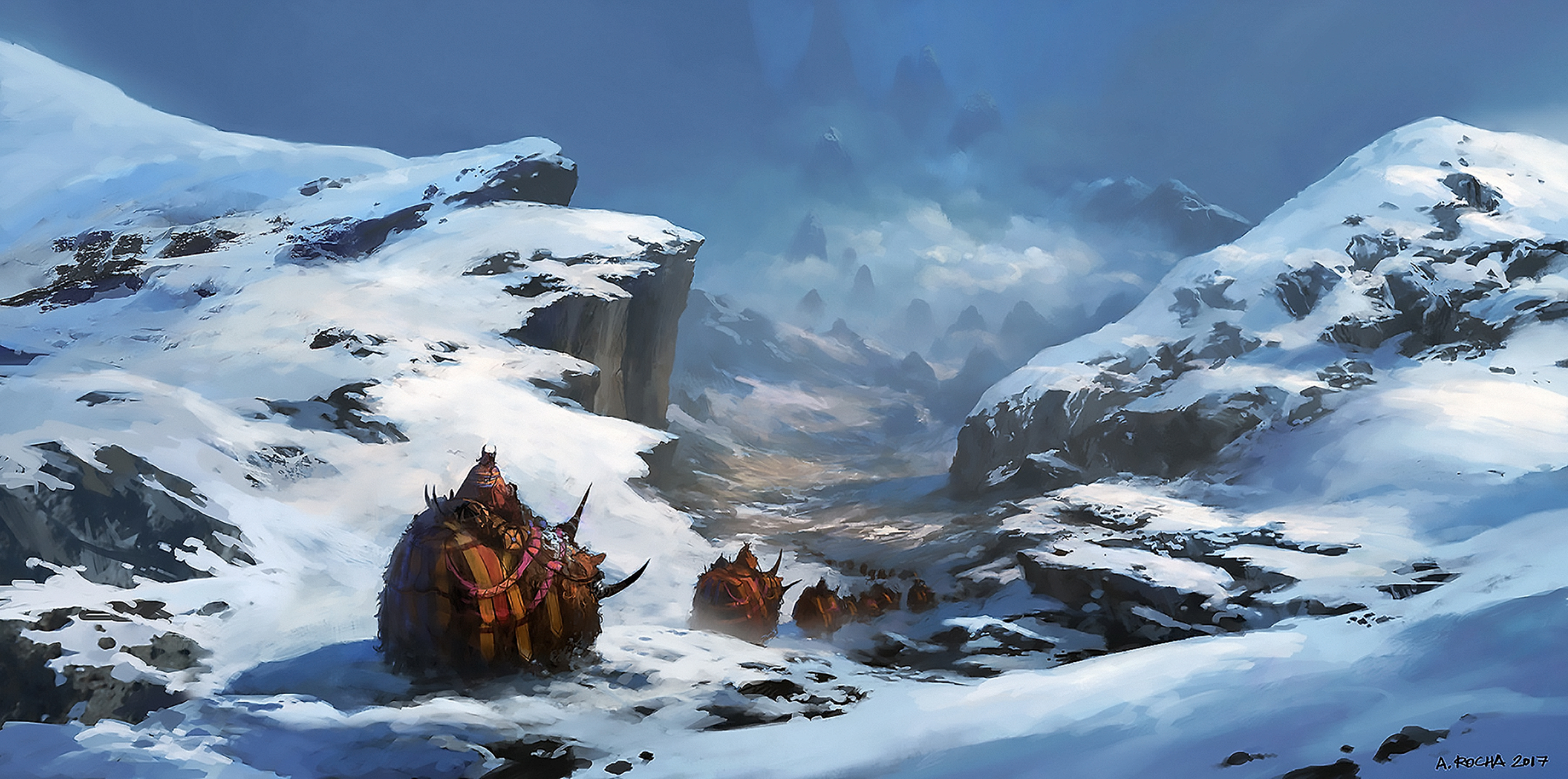 android fantasy, landscape, caravan, creature, fog, mammoth, mountain, path, snow