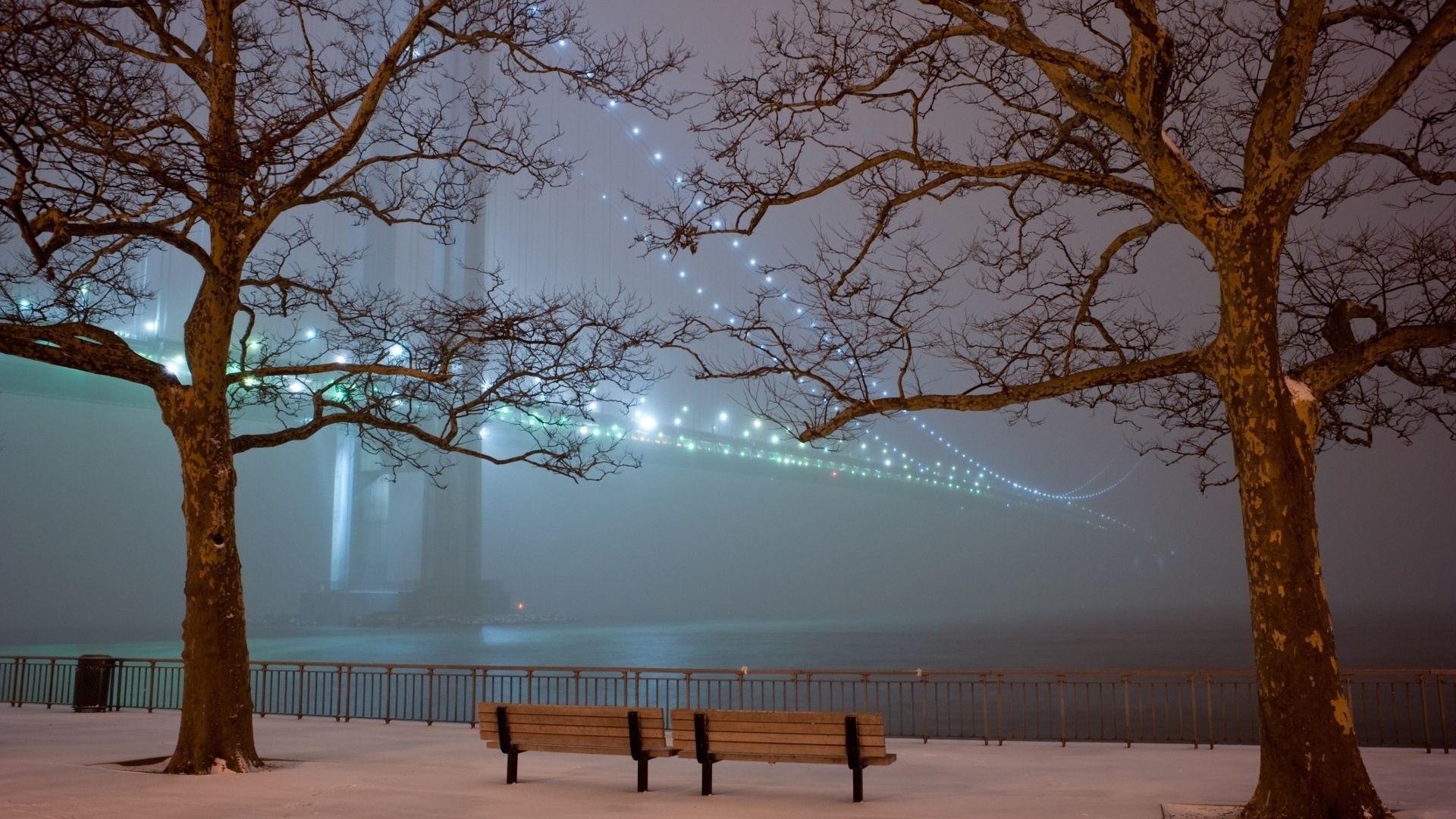 Download mobile wallpaper Winter, Landscape, Bridges, Trees, Night for free.