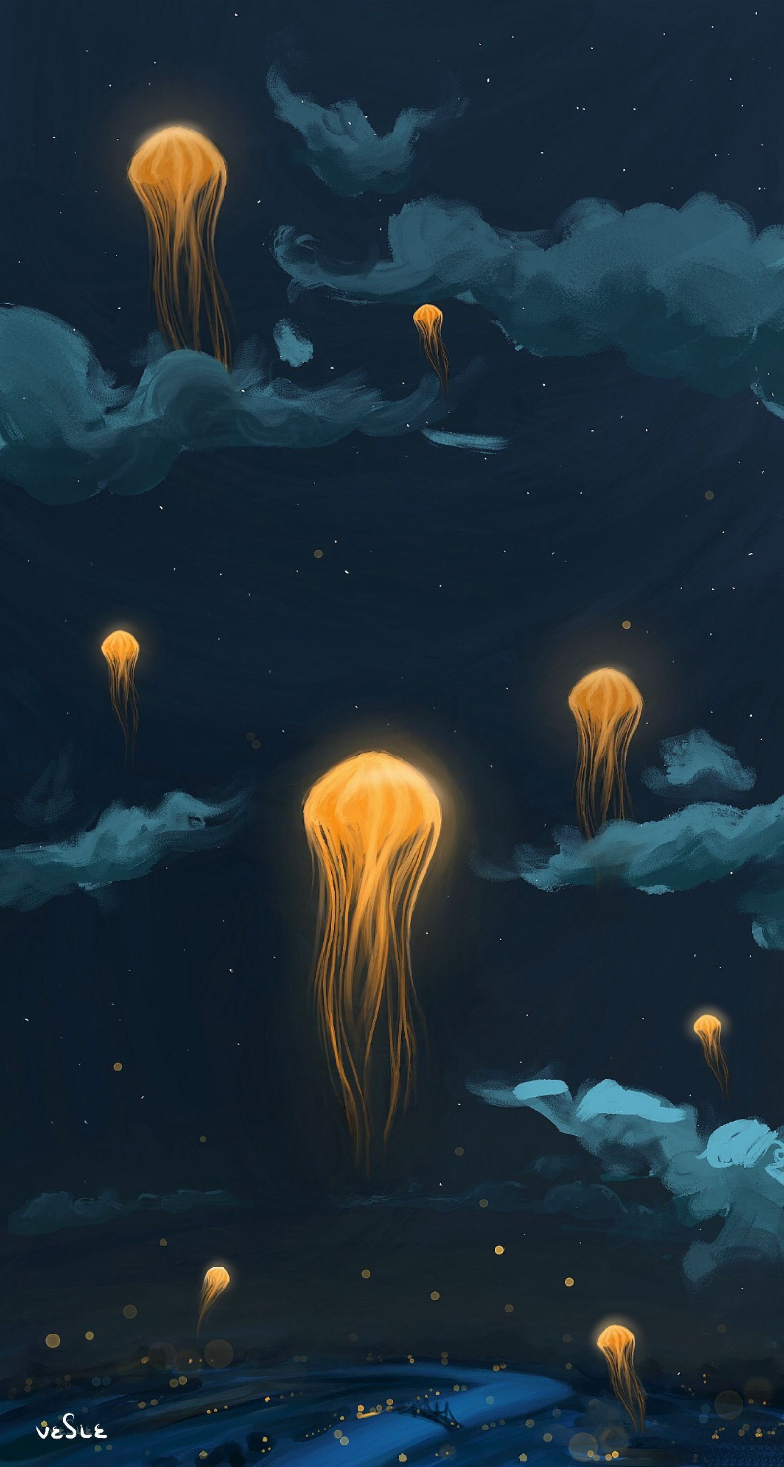 android jellyfish, fantastic, art, sky, night, flashlights