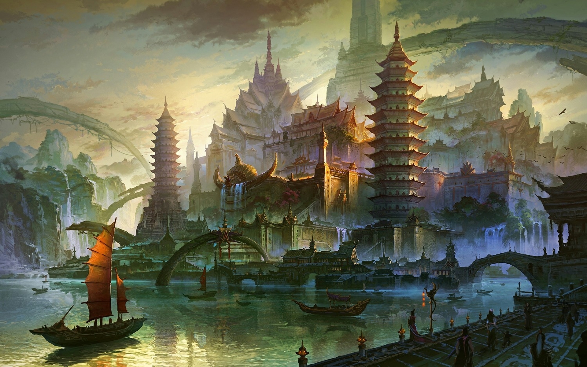 fantasy, oriental, boat, bridge, building, reflection, river, town