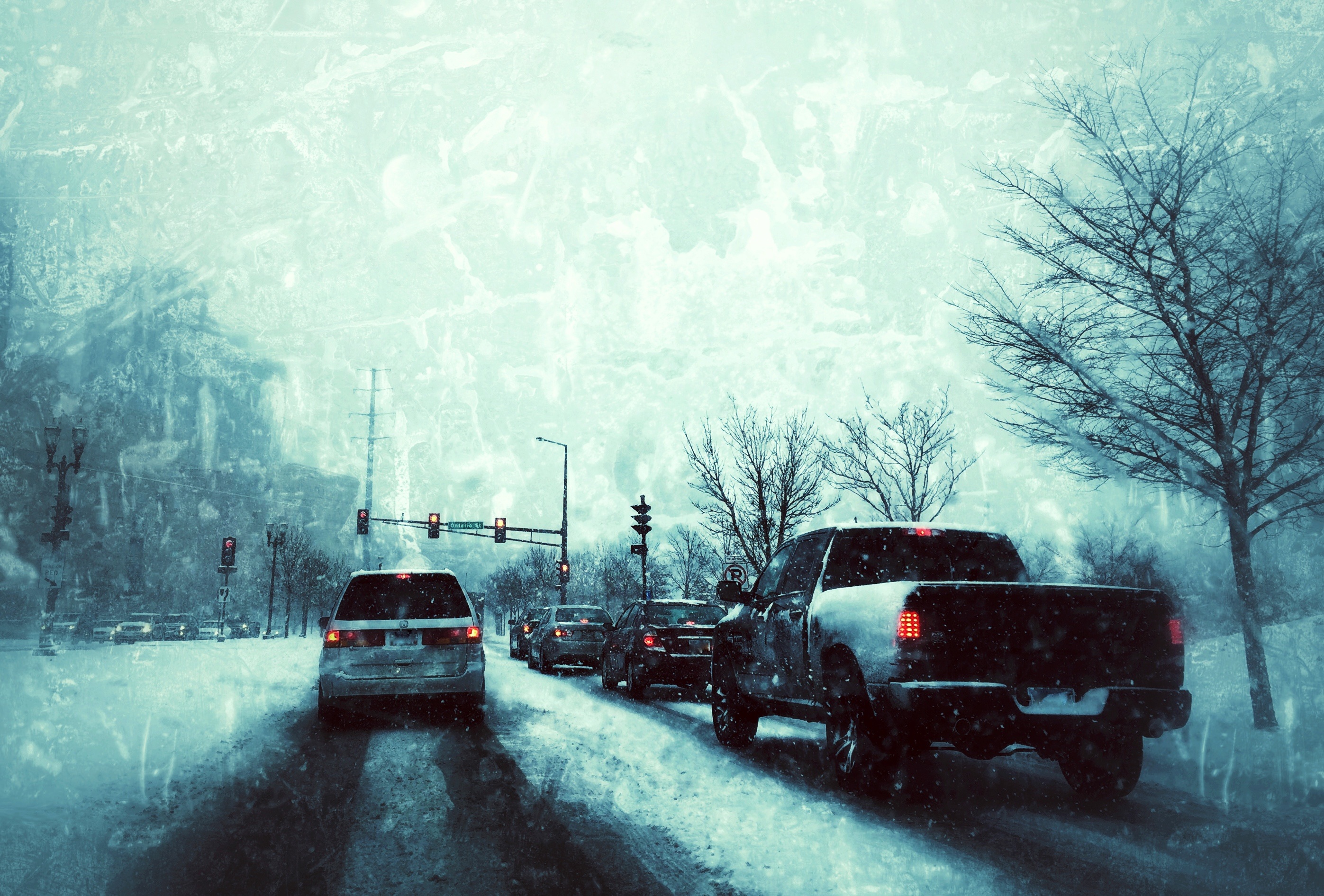 photography, winter, car, road, snow, traffic light, traffic, vehicle