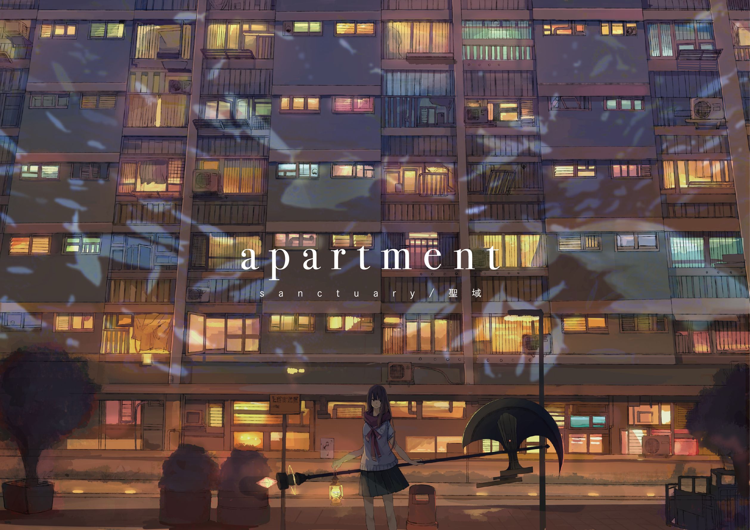 anime, original, apartment, axe, night, school uniform