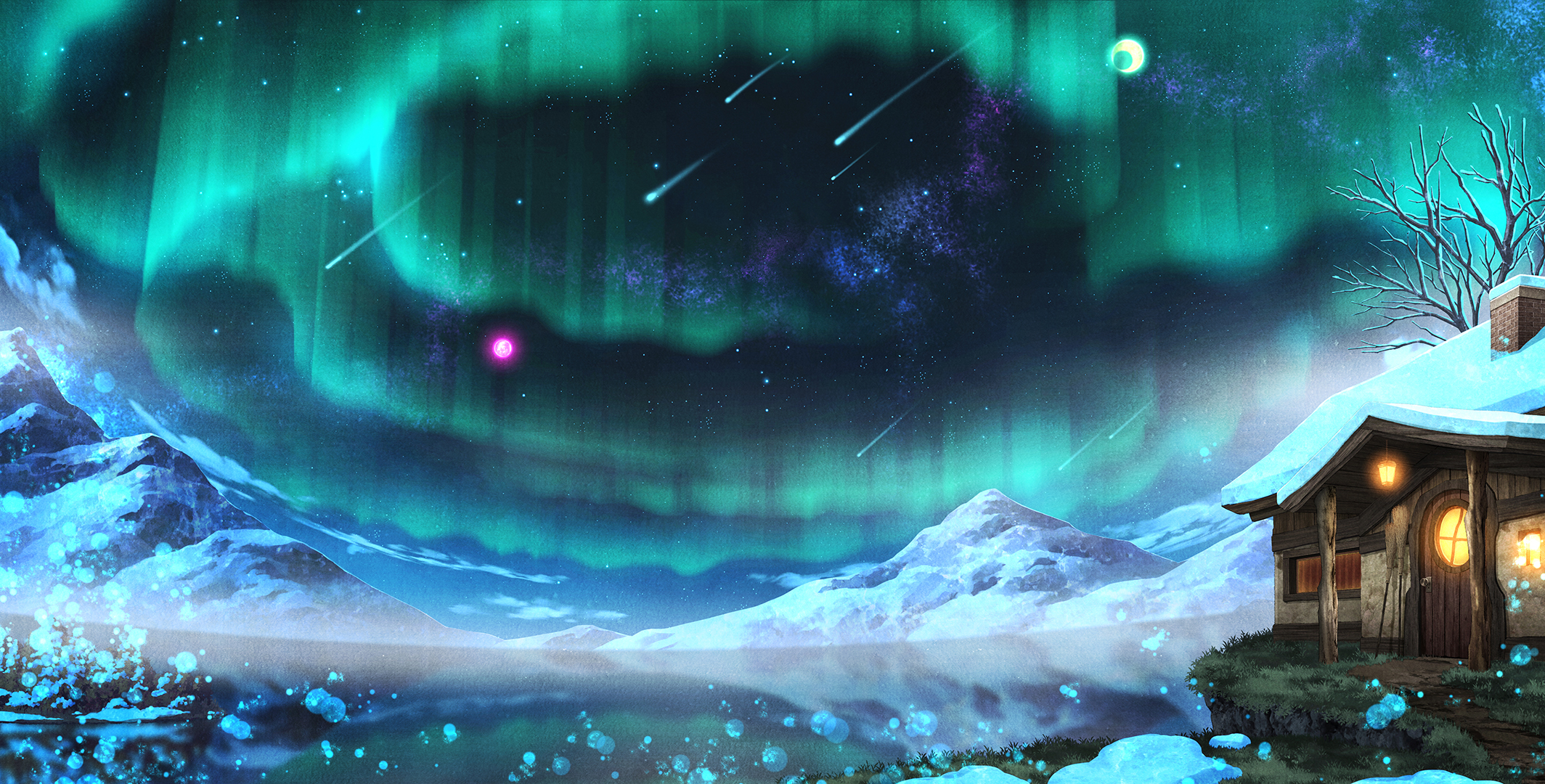 aurora borealis, night, landscape, anime, original, house, mountain, shooting star, snow 8K