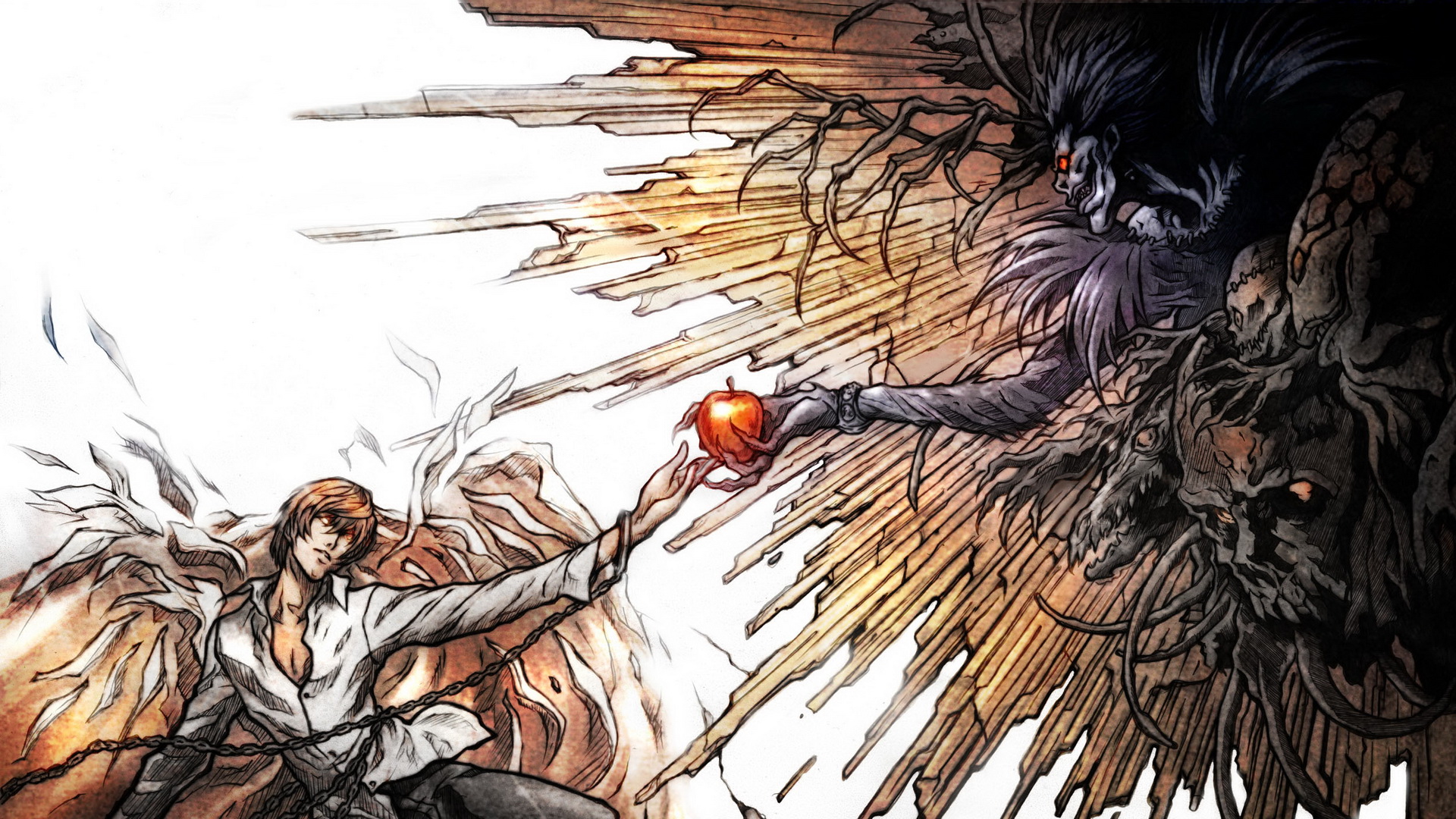 Free HD death note, red eyes, apple, anime, brown hair, black hair, kira (death note), ryuk (death note)