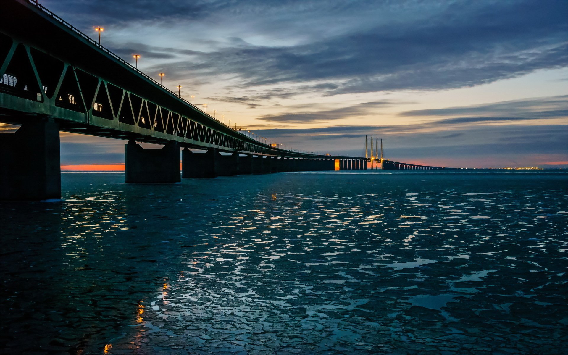 man made, bridge, denmark, ice, ocean, oresund bridge, sweden, bridges